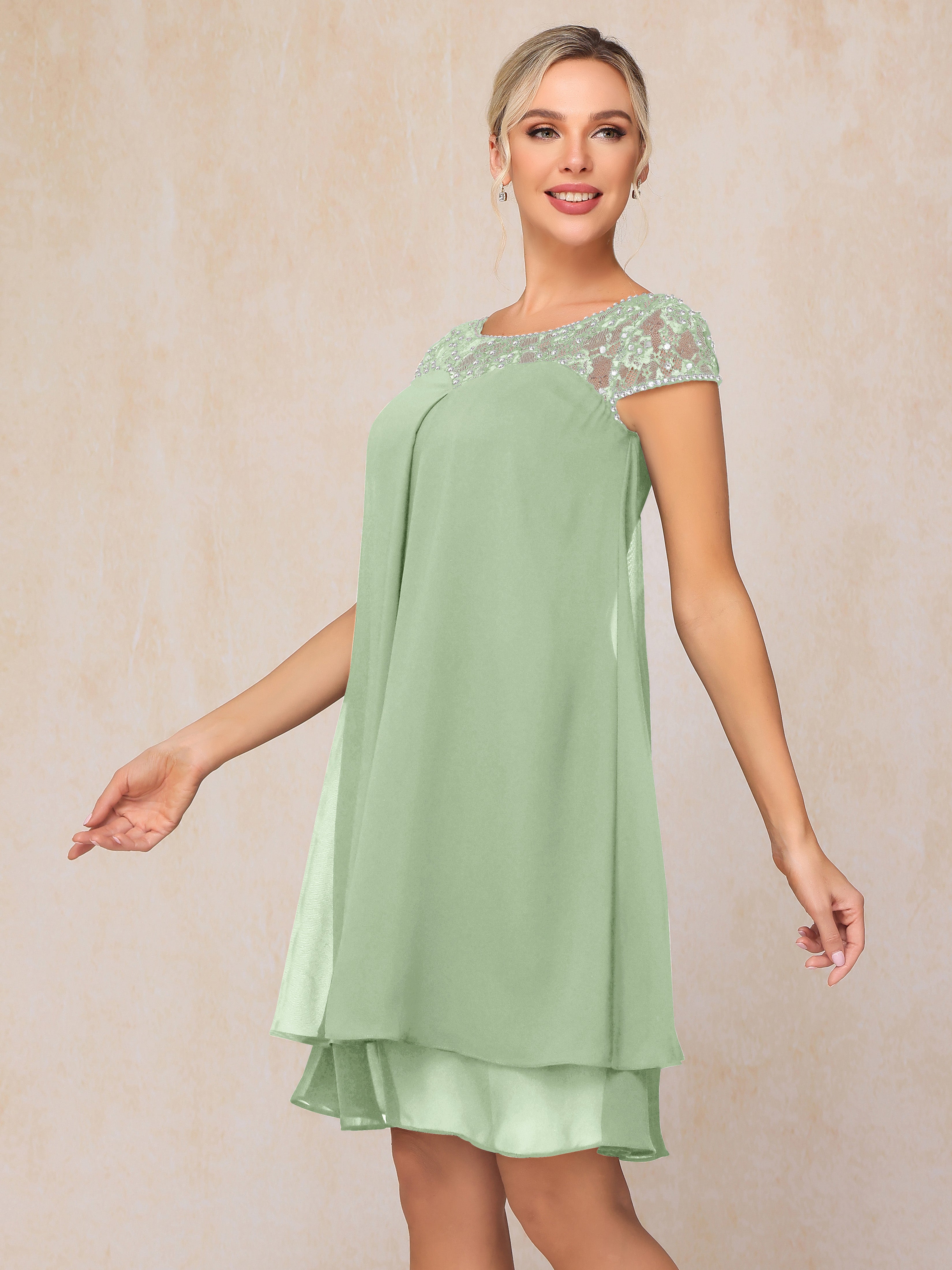 Cap Sleeves Beading Knee Length Chiffon Lace Mother Of The Bride Dress