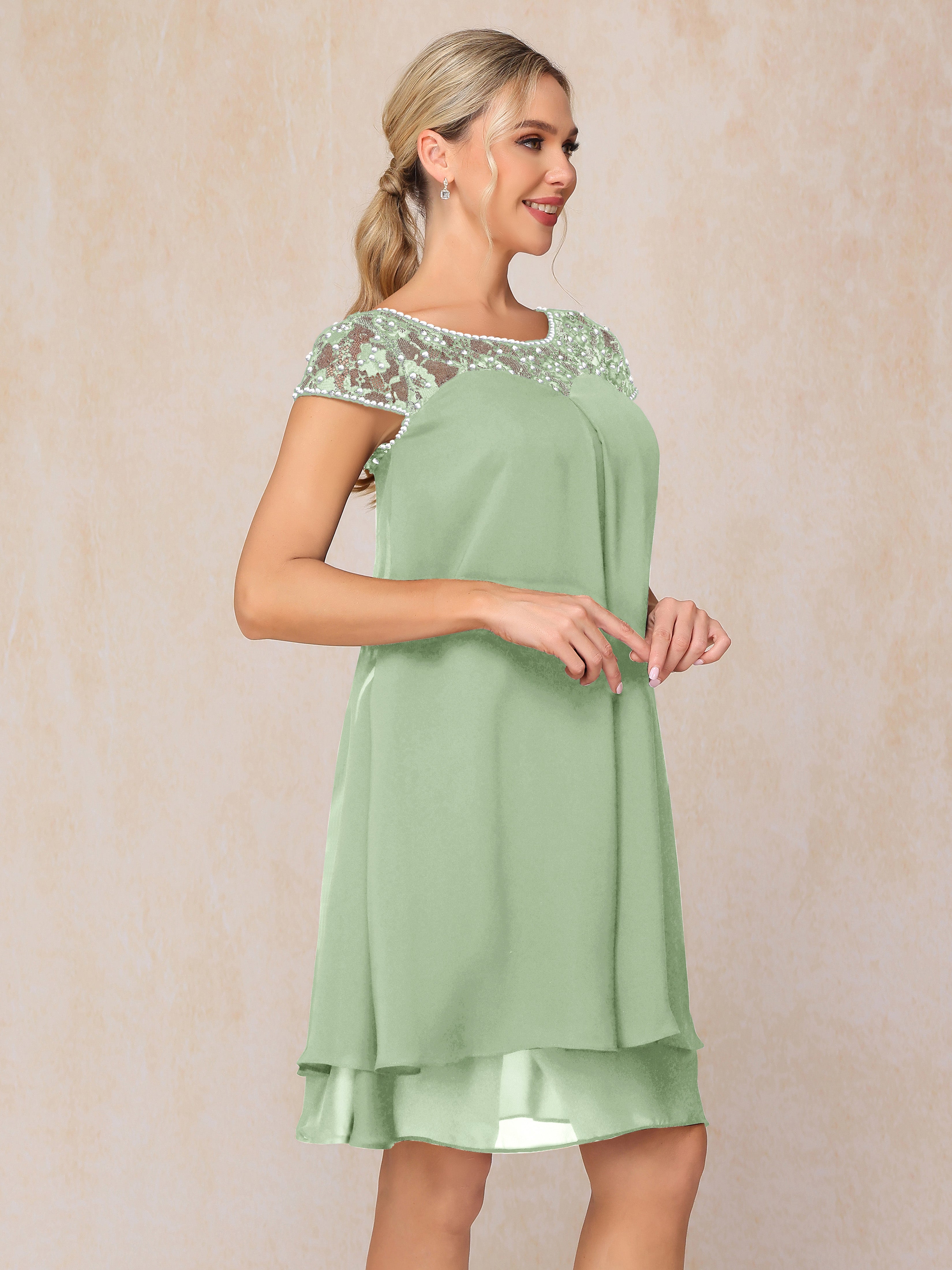 Cap Sleeves Beading Knee Length Chiffon Lace Mother Of The Groom Dress