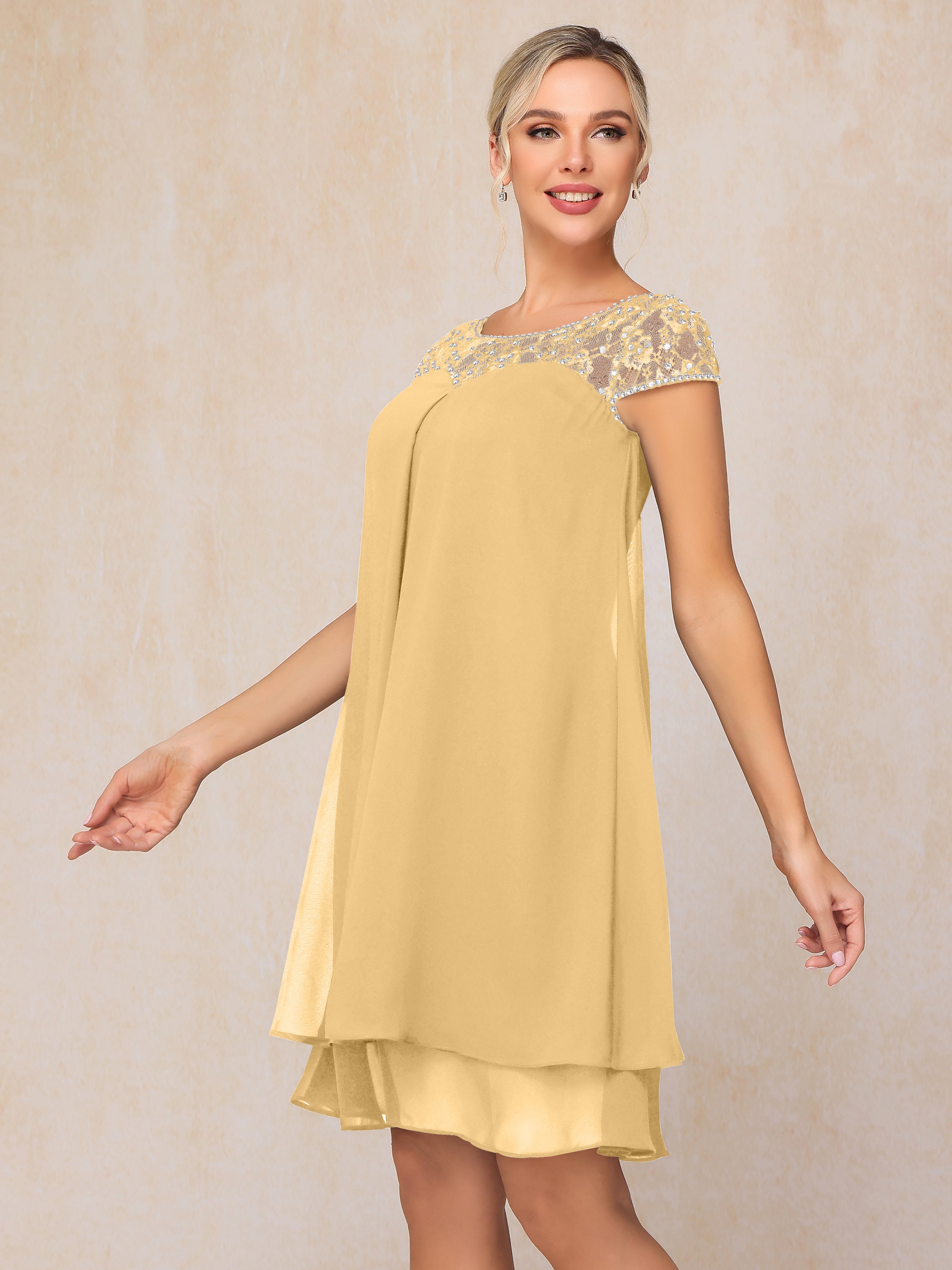 Cap Sleeves Beading Knee Length Chiffon Lace Mother Of The Groom Dress