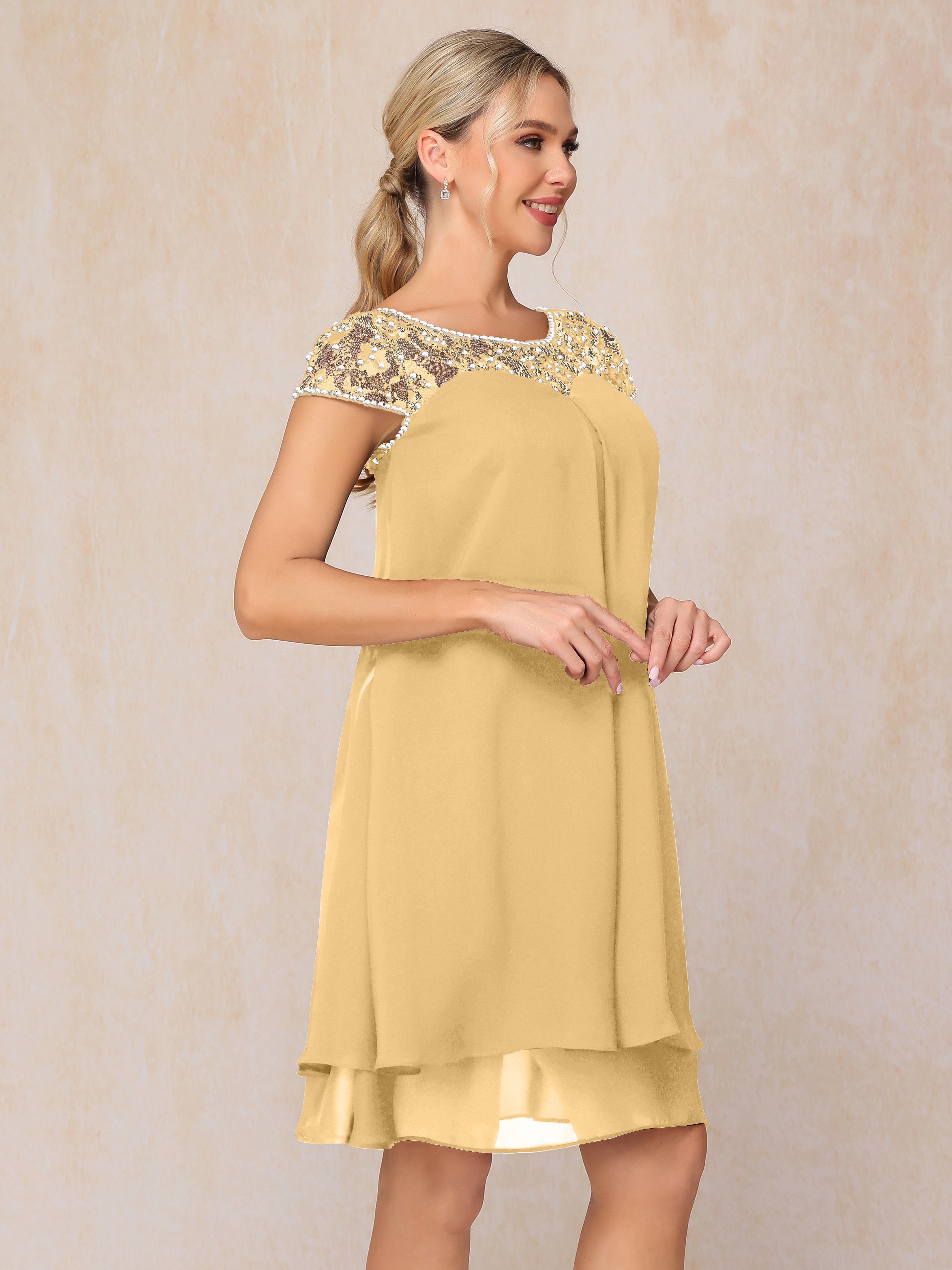 Cap Sleeves Beading Knee Length Chiffon Lace Mother Of The Groom Dress