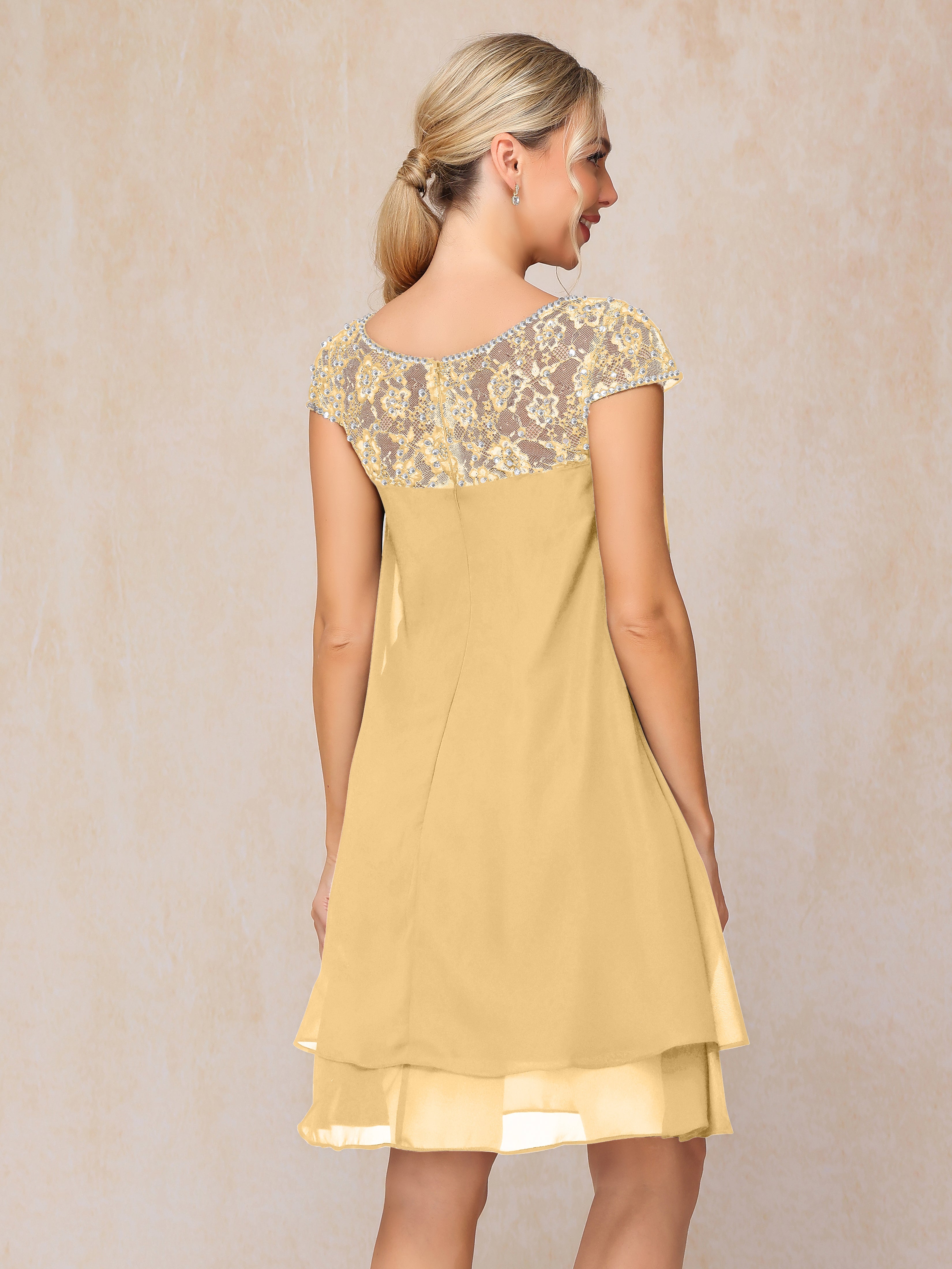 Cap Sleeves Beading Knee Length Chiffon Lace Mother Of The Groom Dress