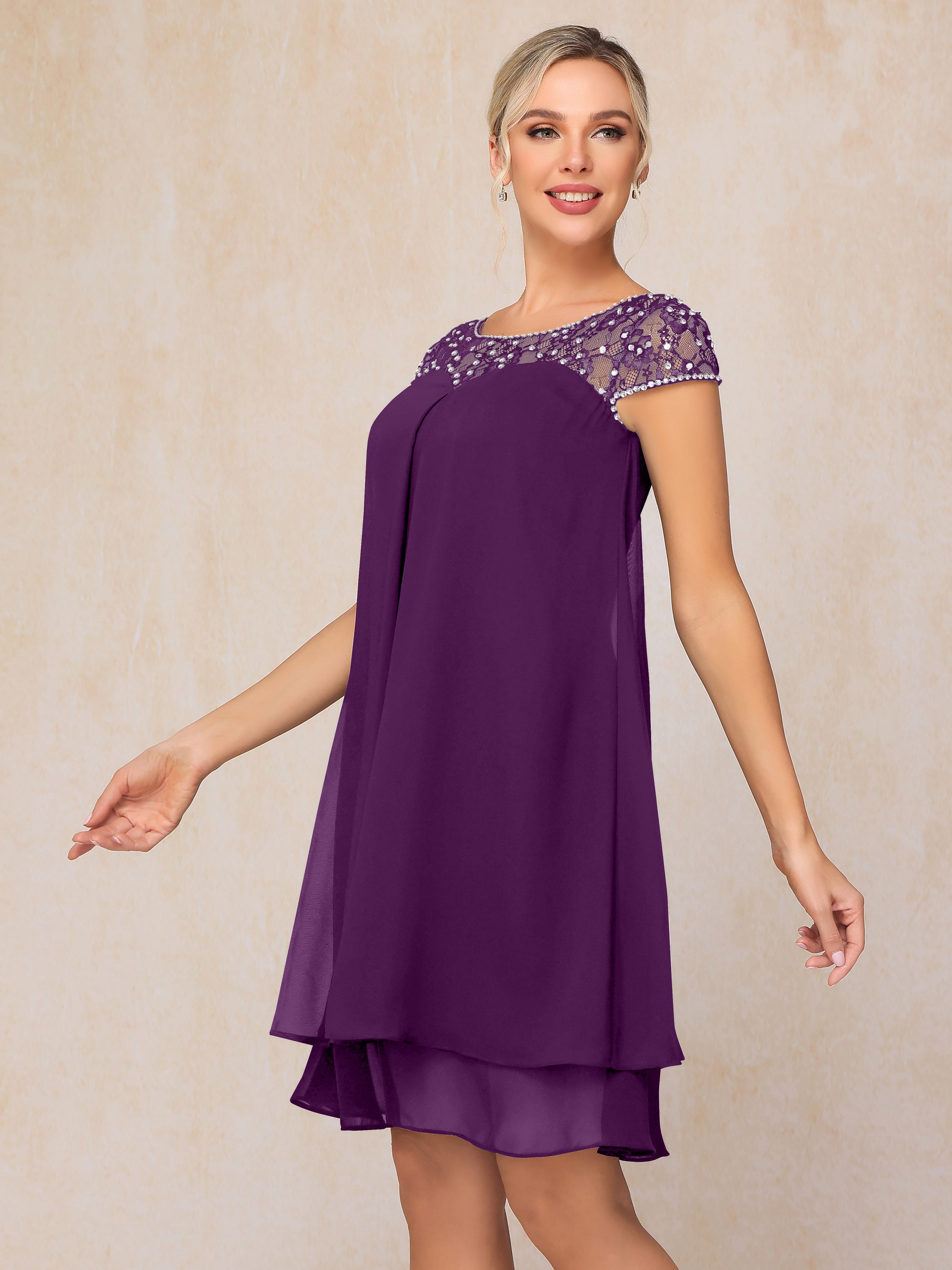 Cap Sleeves Beading Knee Length Chiffon Lace Mother Of The Groom Dress