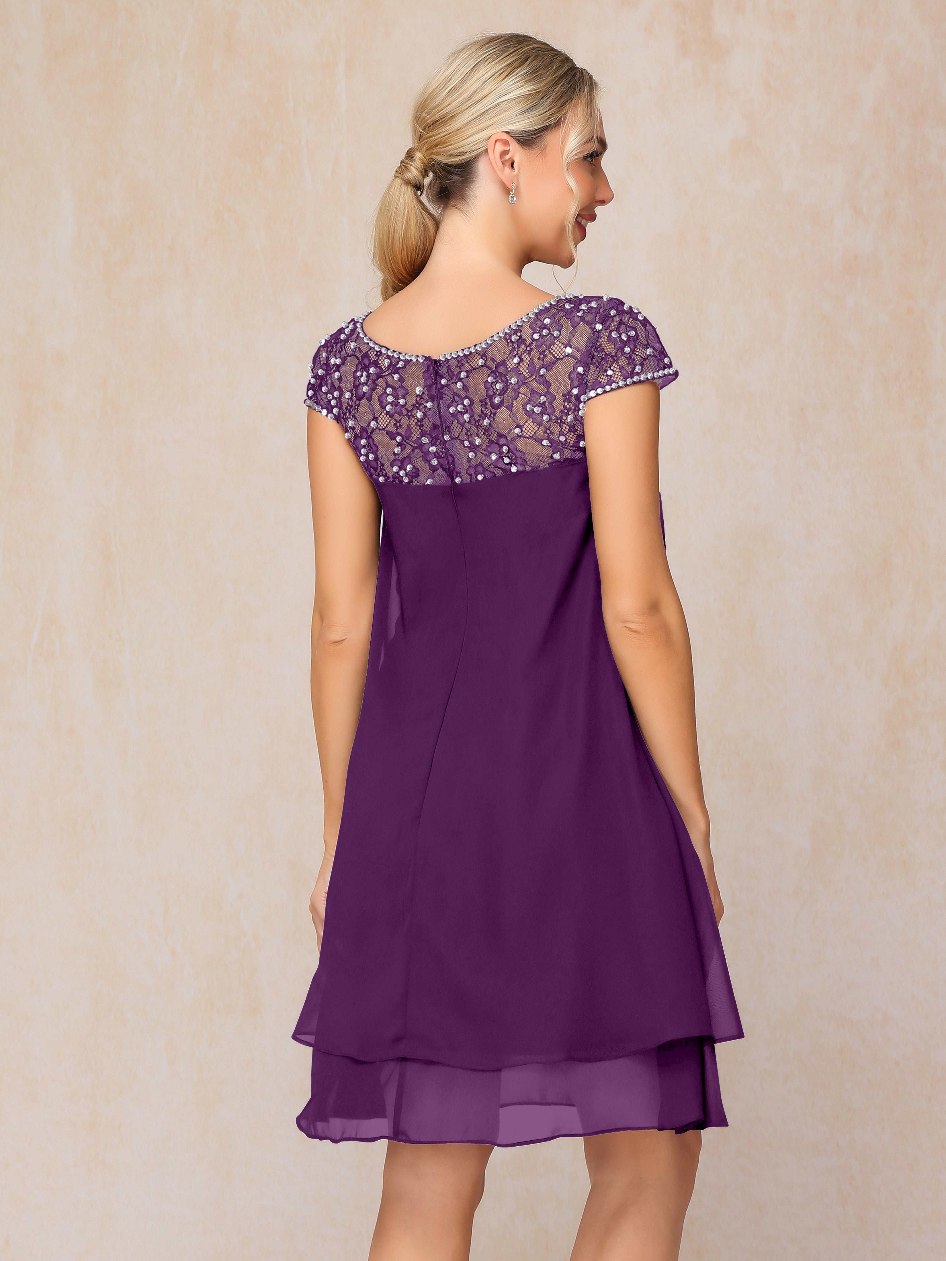 Cap Sleeves Beading Knee Length Chiffon Lace Mother Of The Groom Dress