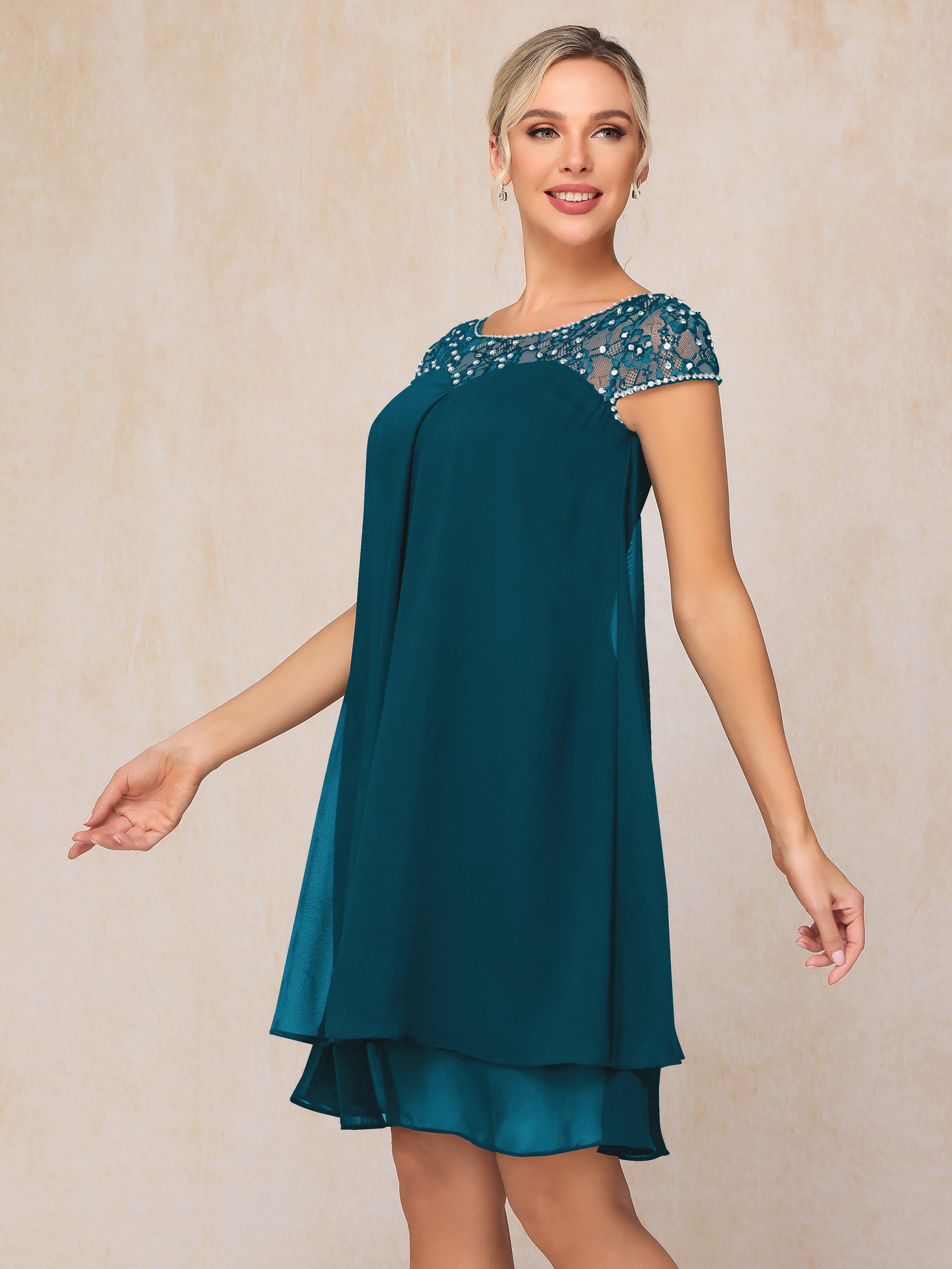 Cap Sleeves Beading Knee Length Chiffon Lace Mother Of The Groom Dress