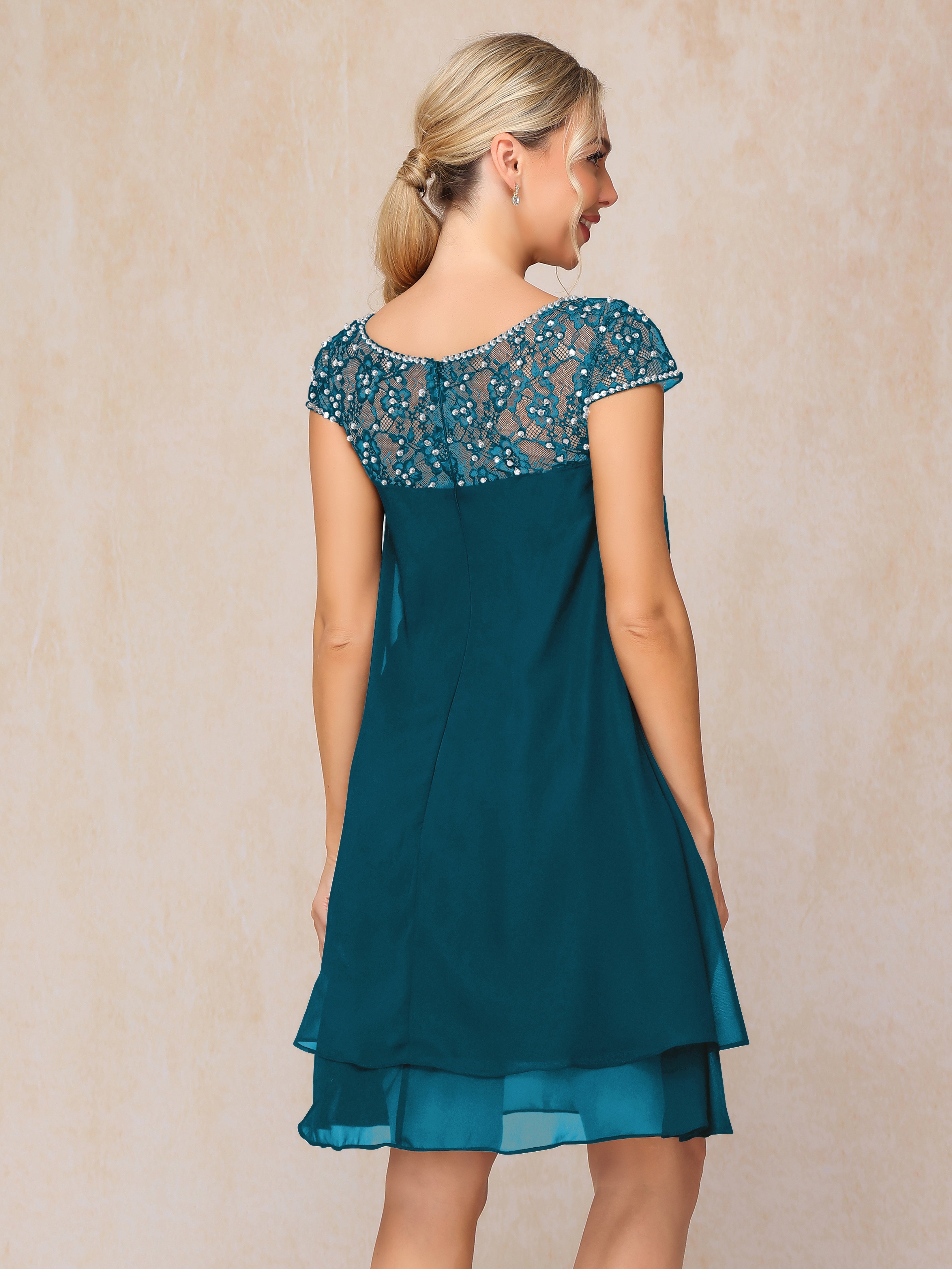 Cap Sleeves Beading Knee Length Chiffon Lace Mother Of The Groom Dress