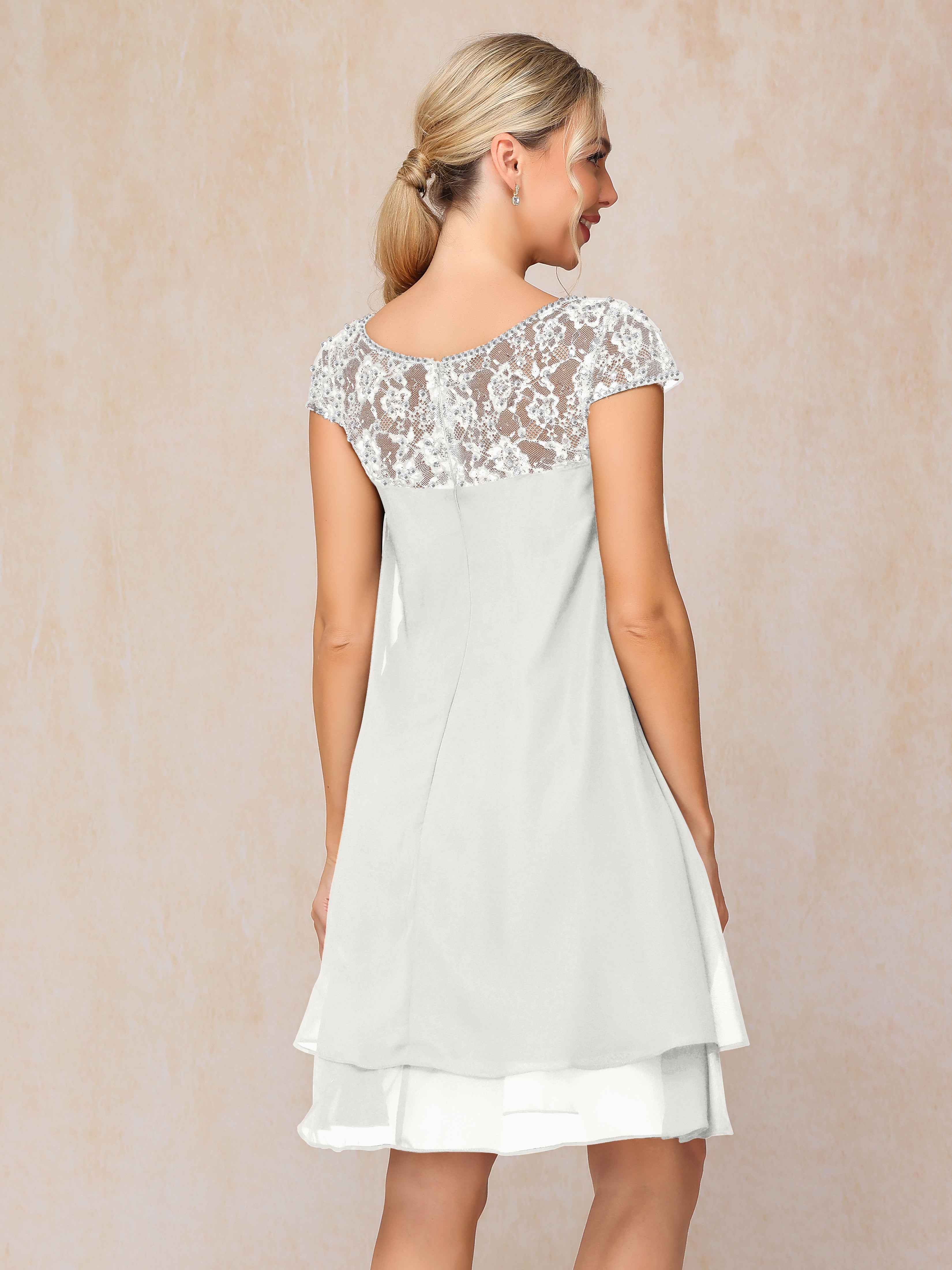 Cap Sleeves Beading Knee Length Chiffon Lace Mother Of The Groom Dress