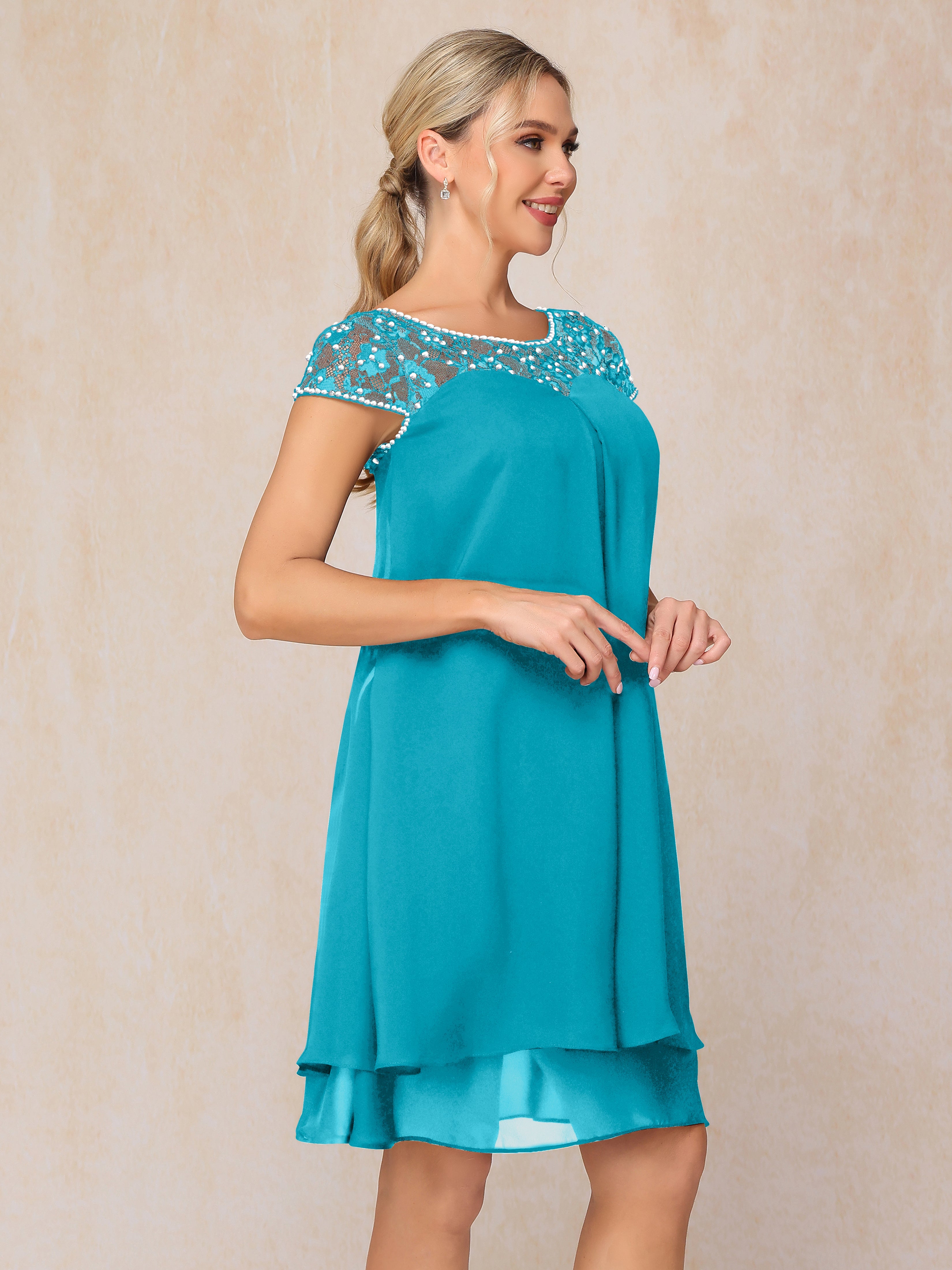 Cap Sleeves Beading Knee Length Chiffon Lace Mother Of The Groom Dress
