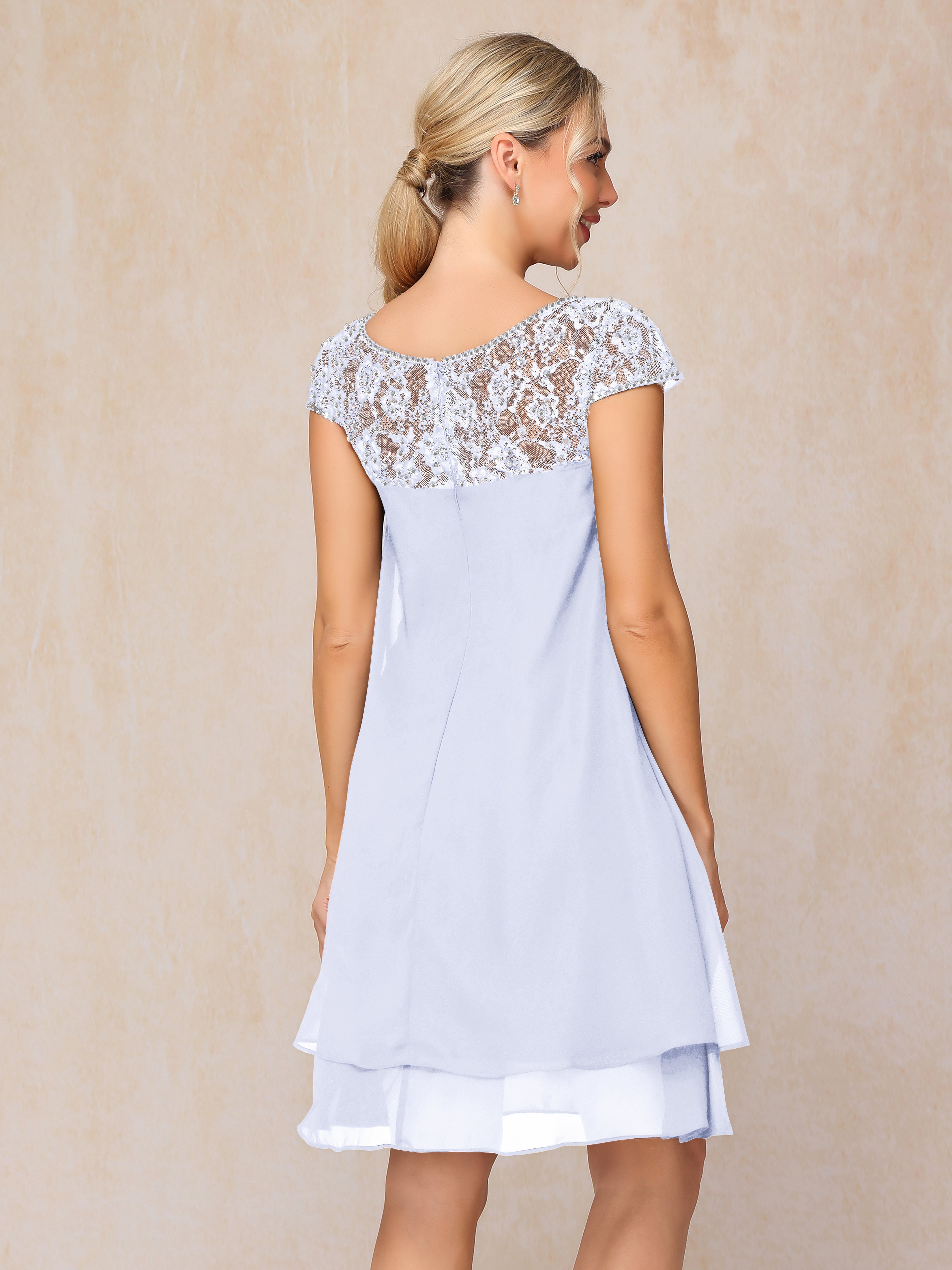 Cap Sleeves Beading Knee Length Chiffon Lace Mother Of The Groom Dress