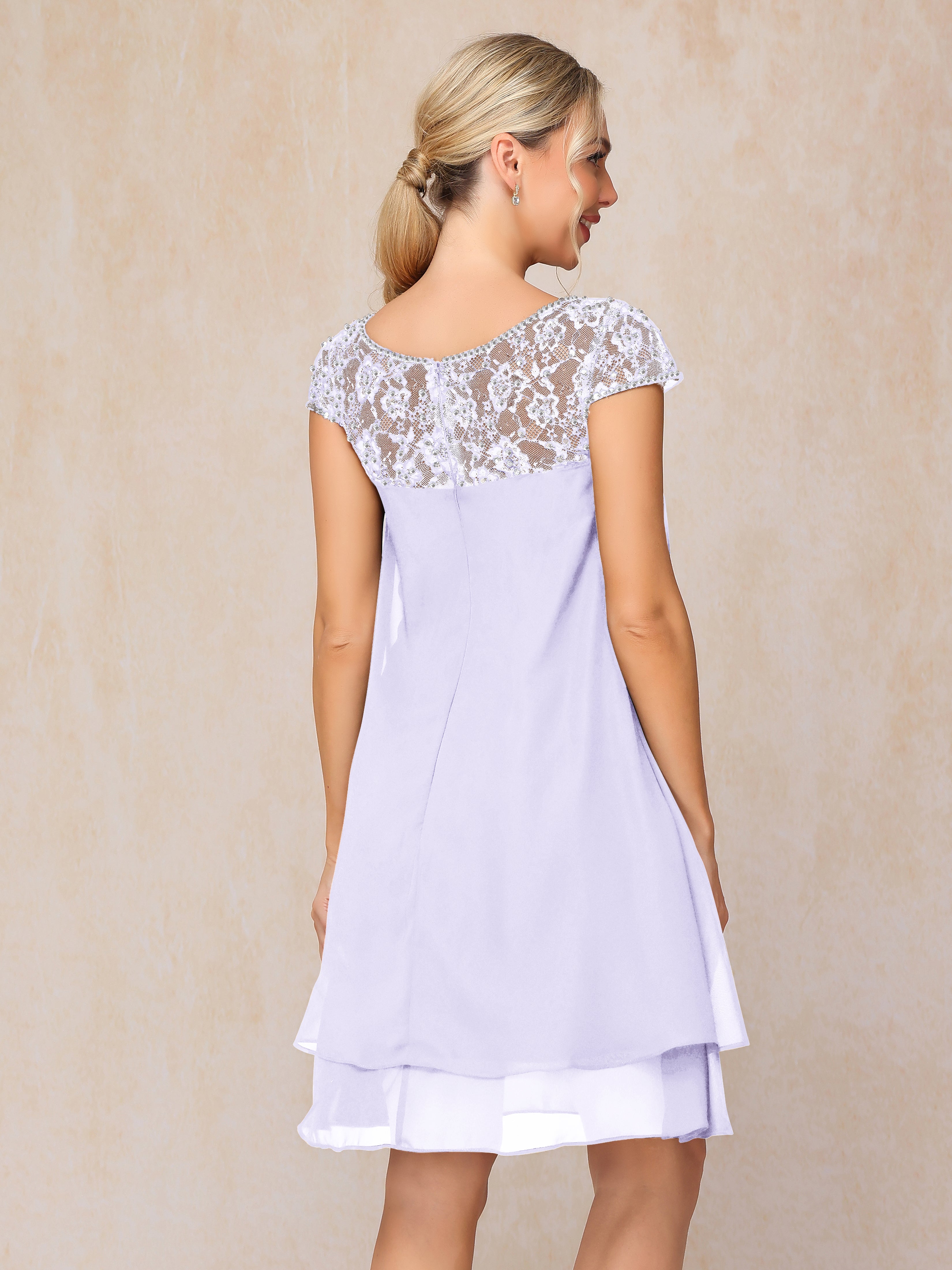 Cap Sleeves Beading Knee Length Chiffon Lace Mother Of The Groom Dress