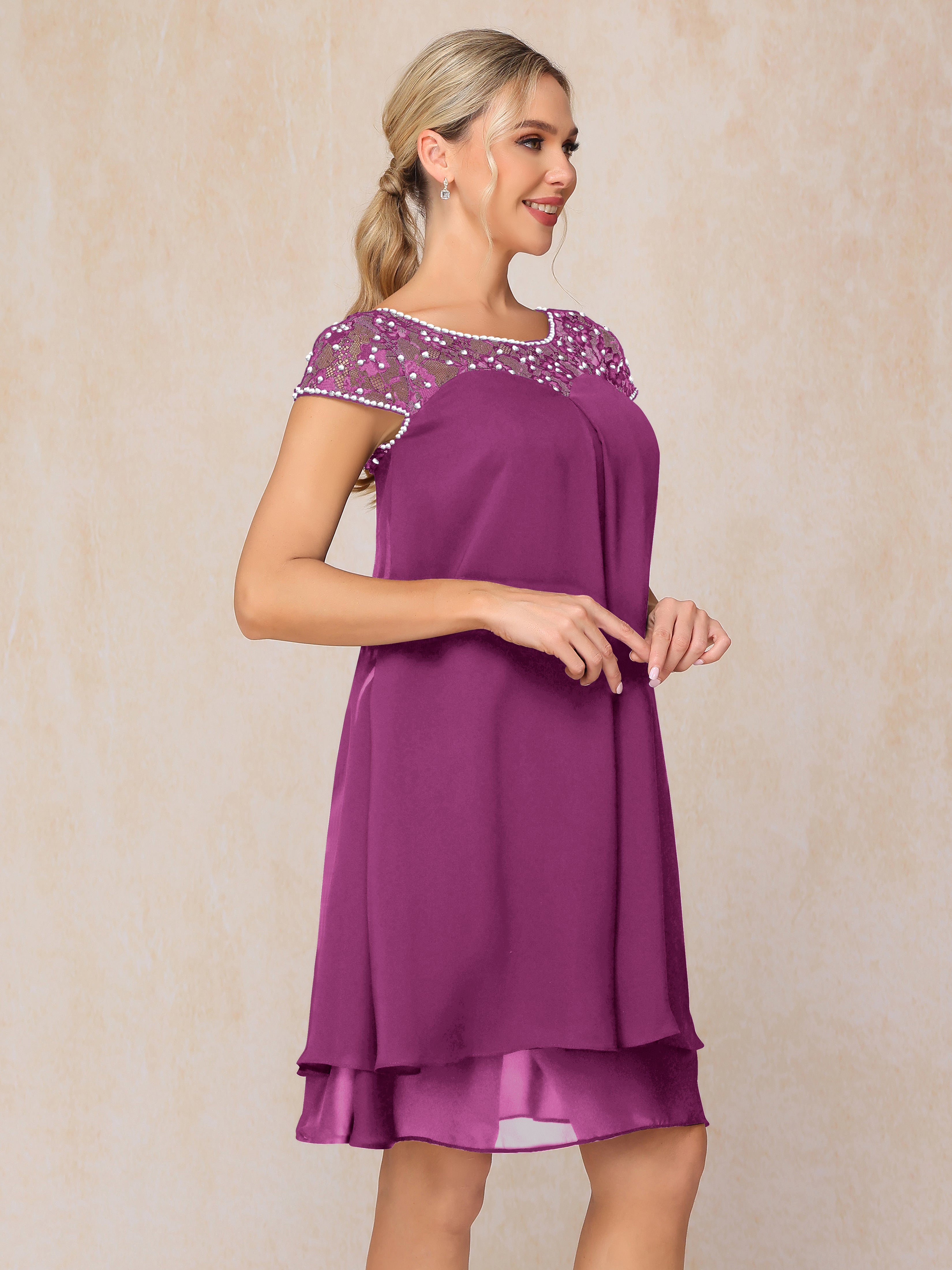 Cap Sleeves Beading Knee Length Chiffon Lace Mother Of The Groom Dress