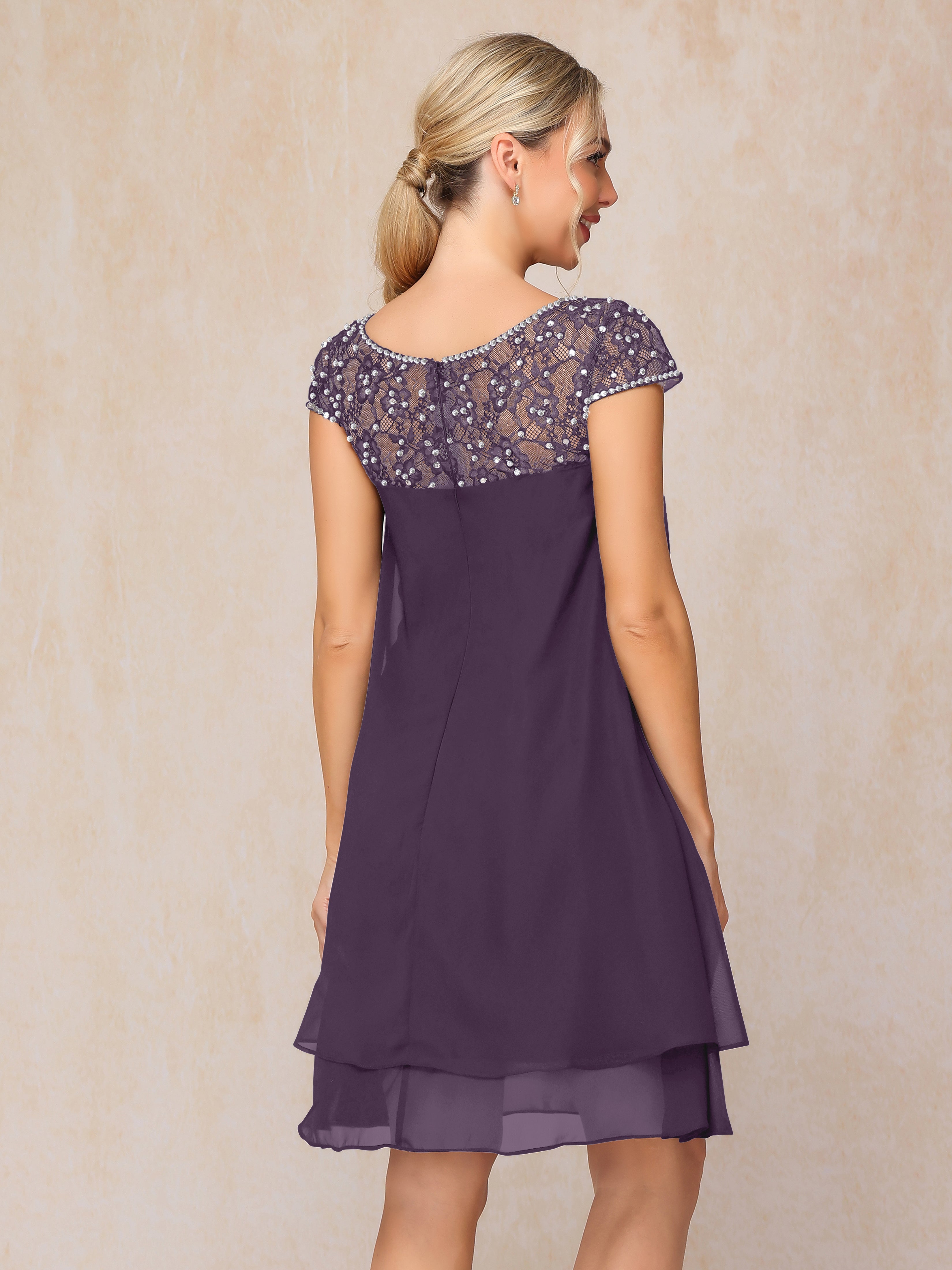 Cap Sleeves Beading Knee Length Chiffon Lace Mother Of The Groom Dress