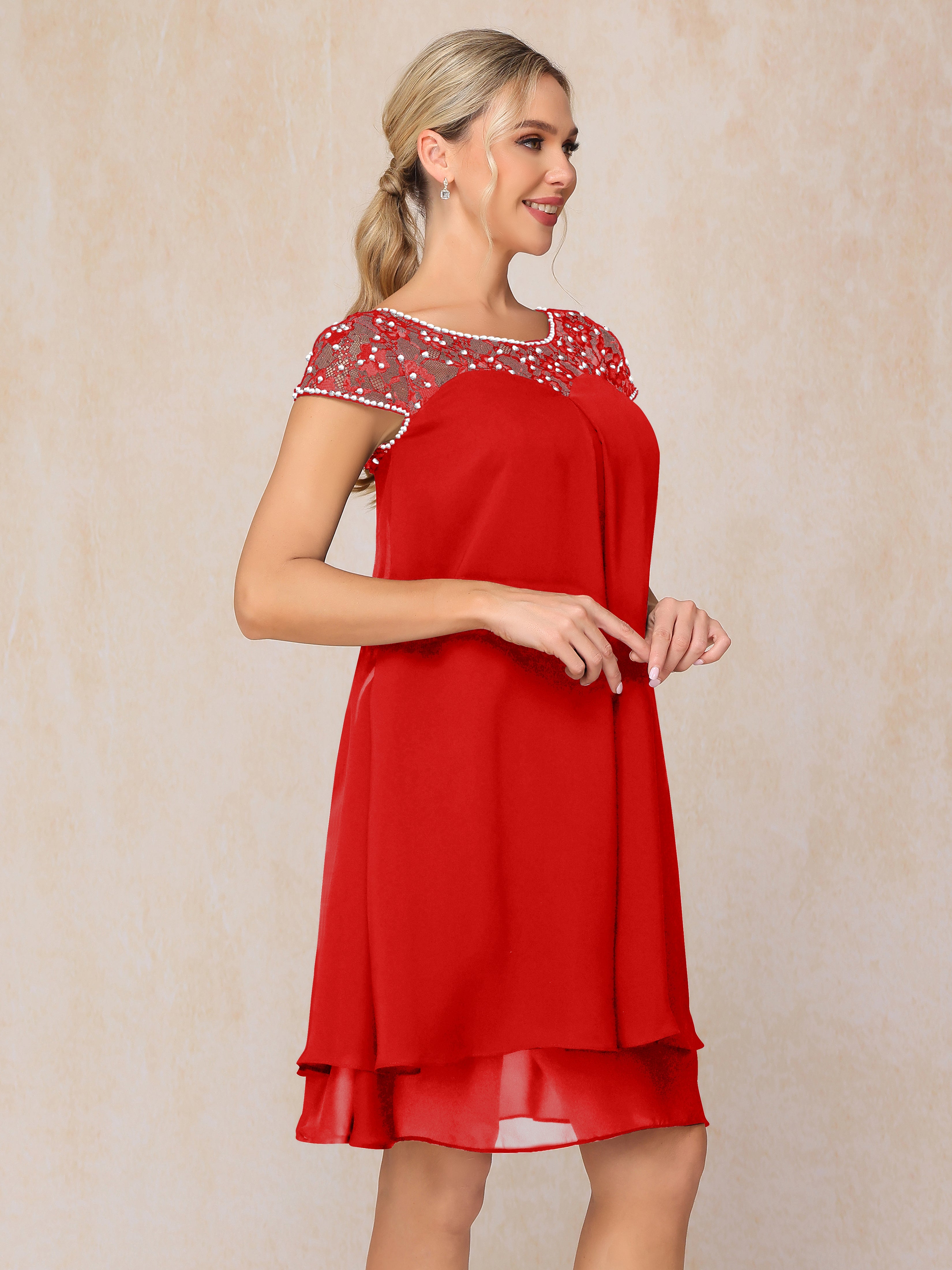Cap Sleeves Beading Knee Length Chiffon Lace Mother Of The Groom Dress