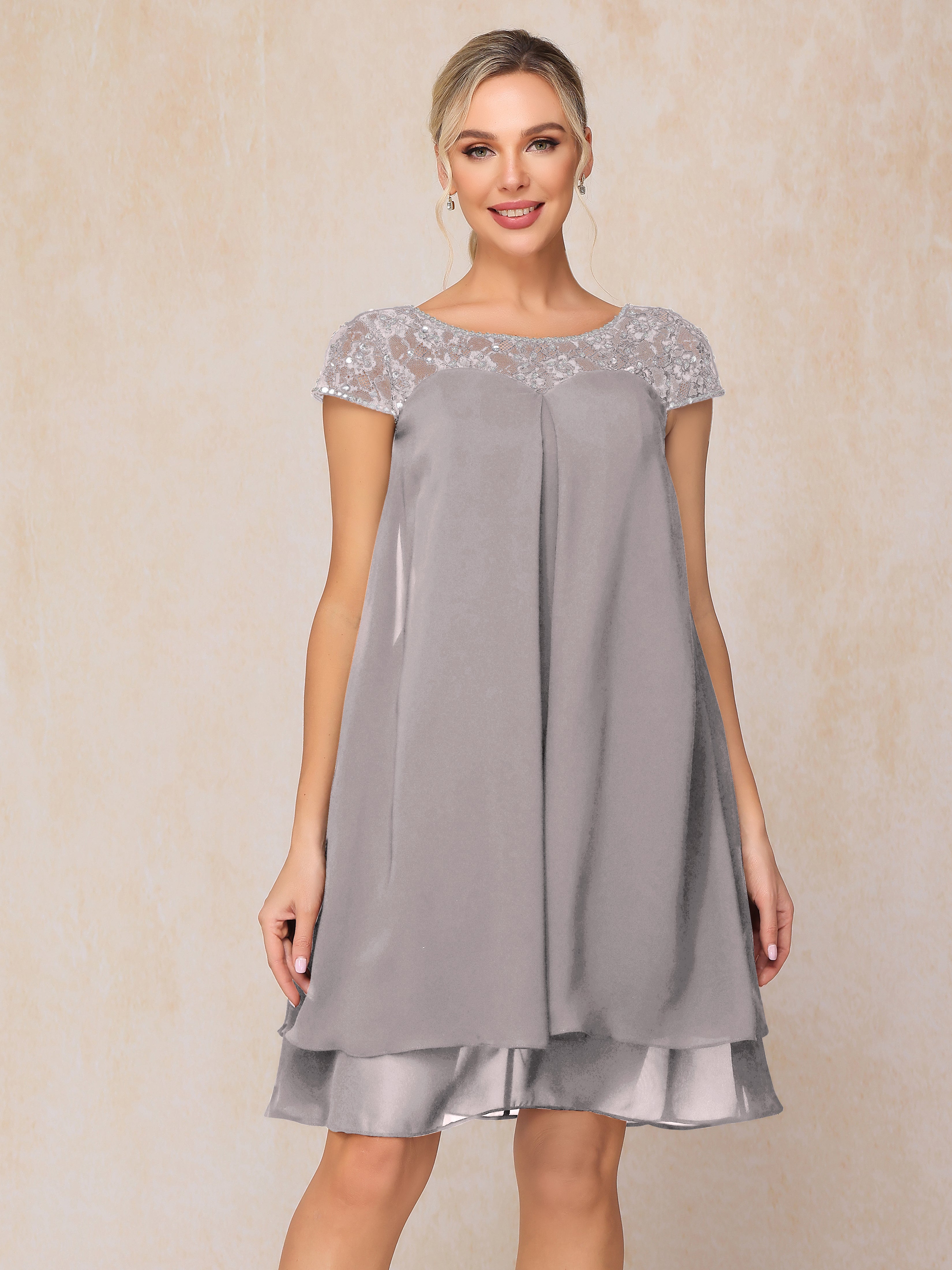 Cap Sleeves Beading Knee Length Chiffon Lace Mother Of The Bride Dress