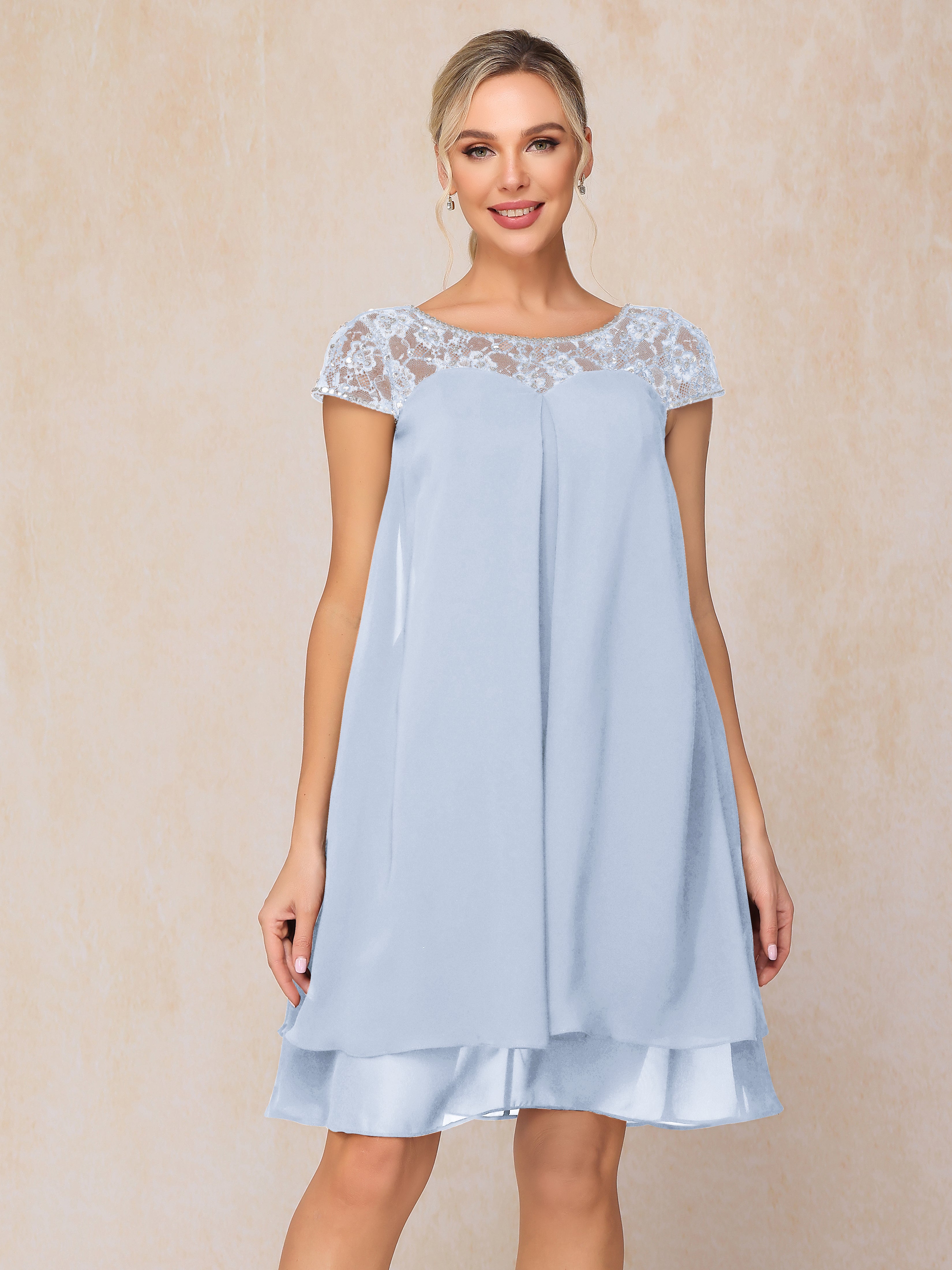 Cap Sleeves Beading Knee Length Chiffon Lace Mother Of The Bride Dress