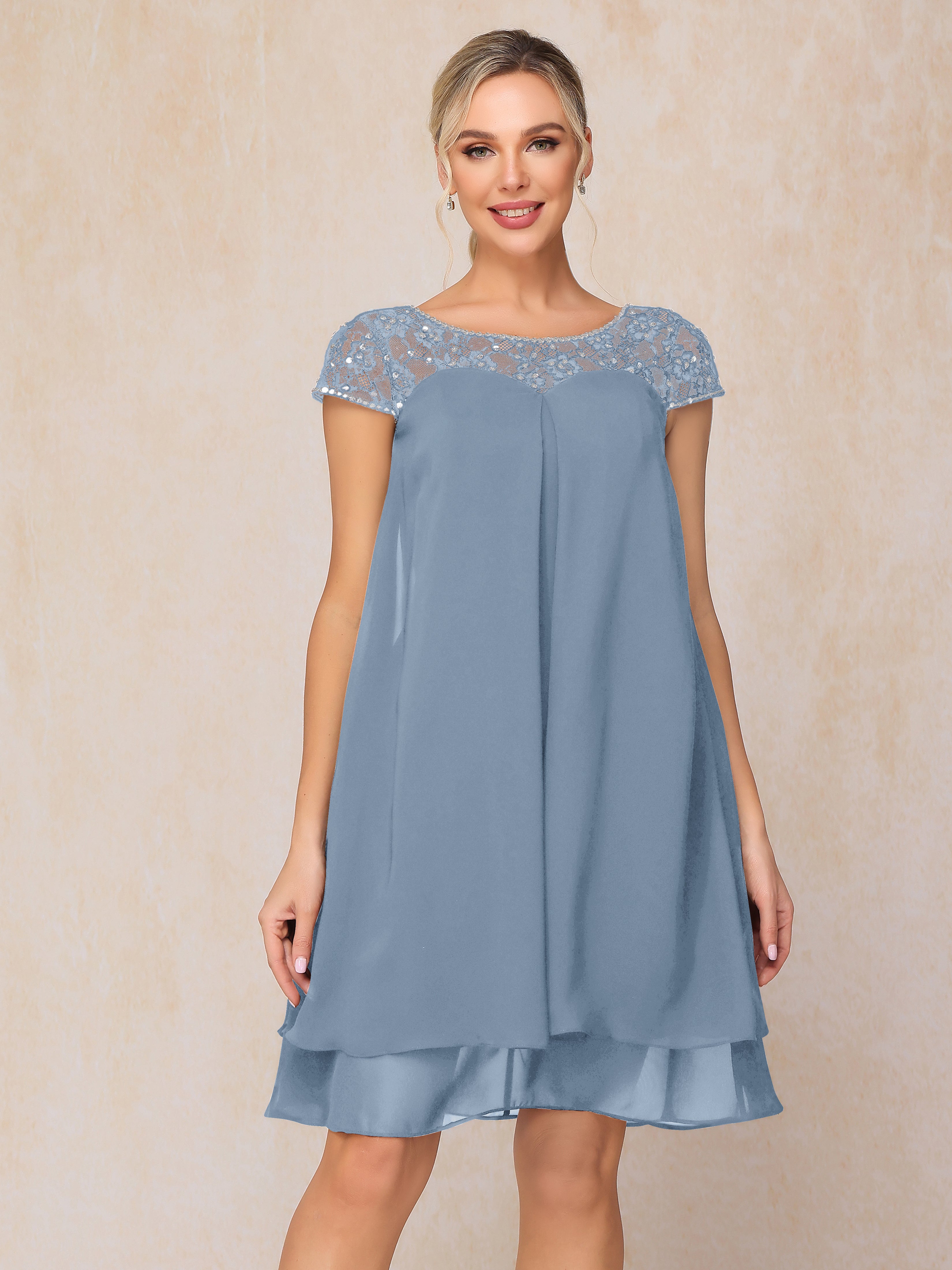 Cap Sleeves Beading Knee Length Chiffon Lace Mother Of The Bride Dress