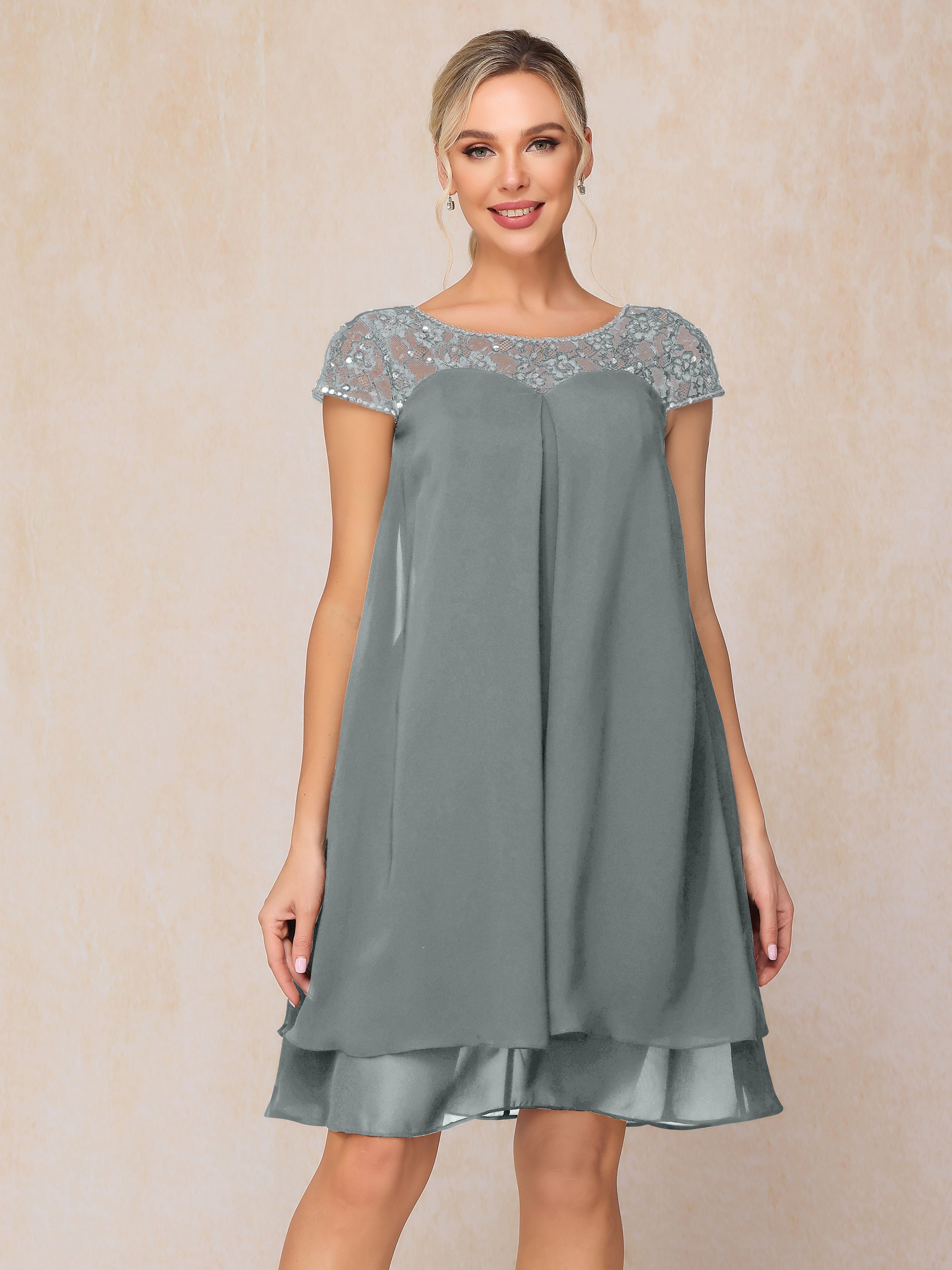 Cap Sleeves Beading Knee Length Chiffon Lace Mother Of The Groom Dress