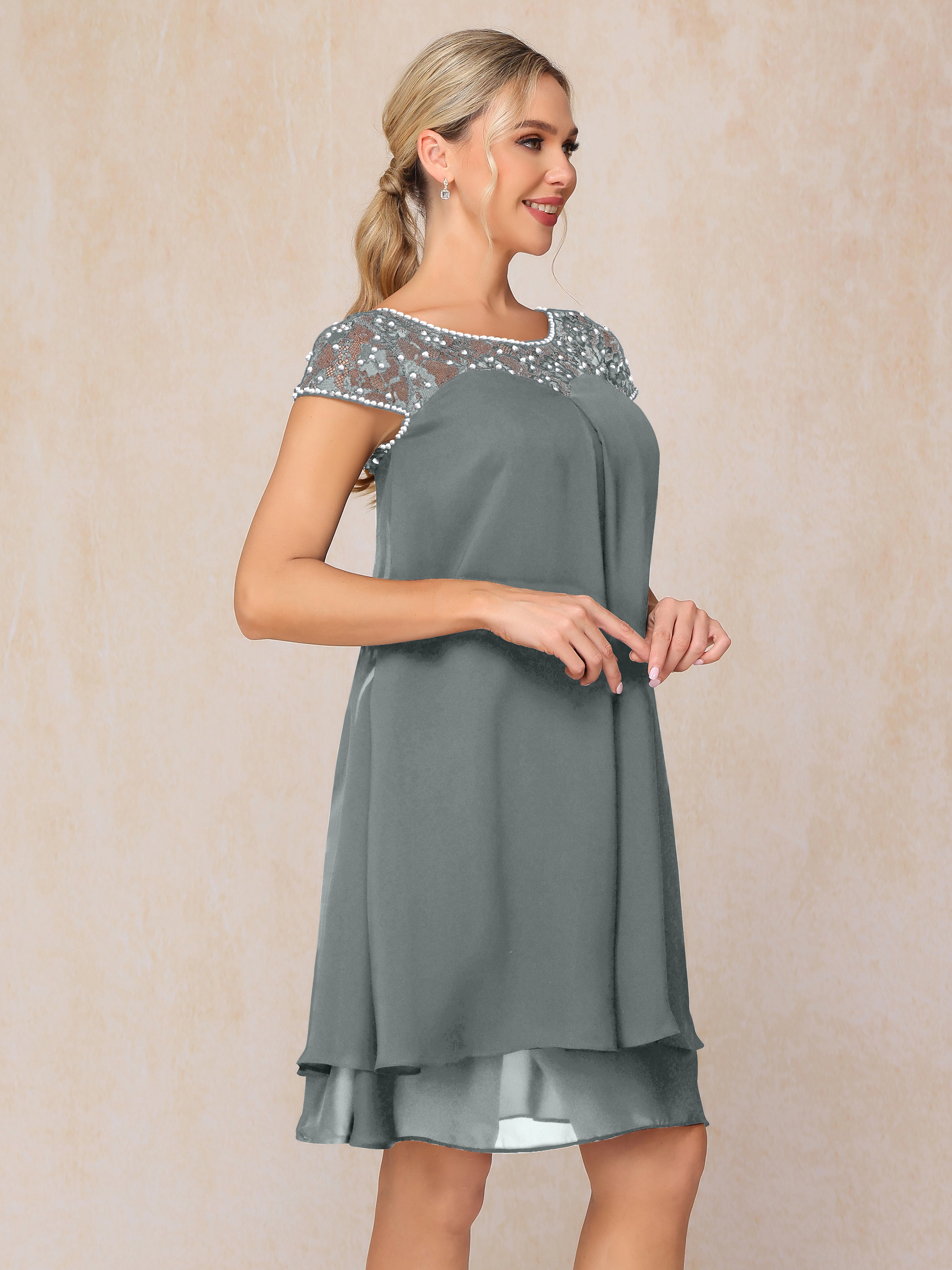 Cap Sleeves Beading Knee Length Chiffon Lace Mother Of The Groom Dress