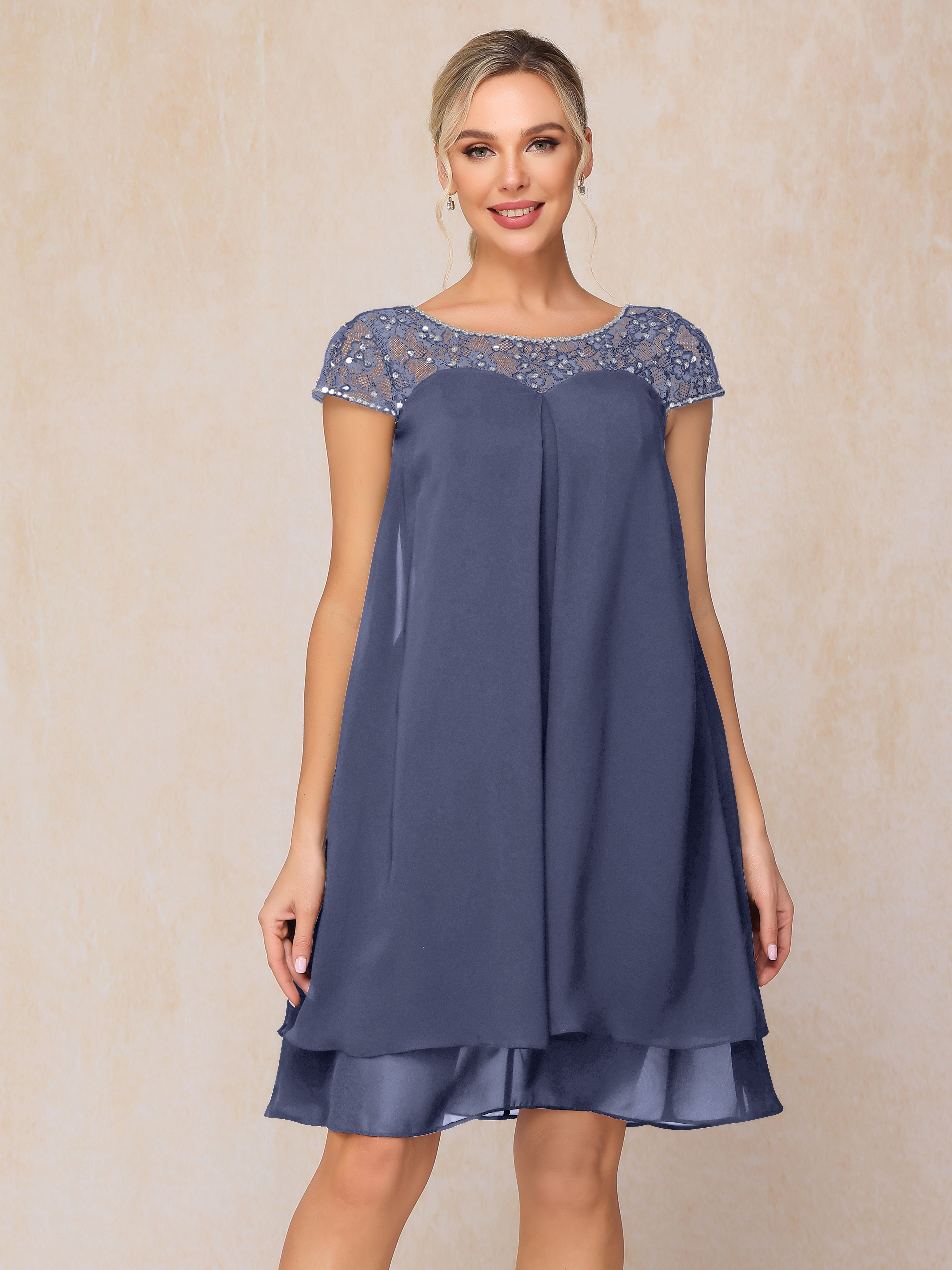Cap Sleeves Beading Knee Length Chiffon Lace Mother Of The Bride Dress