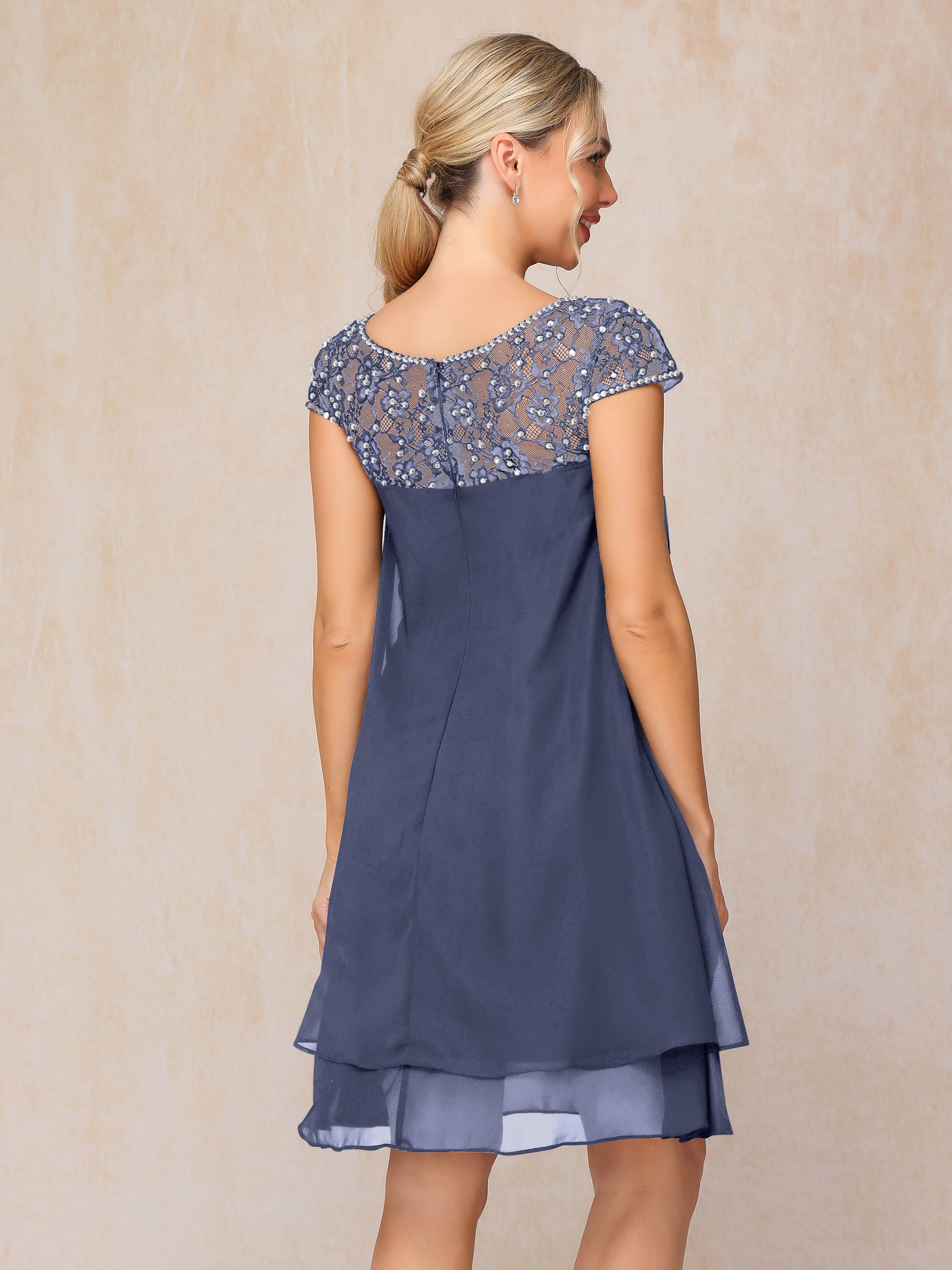 Cap Sleeves Beading Knee Length Chiffon Lace Mother Of The Groom Dress
