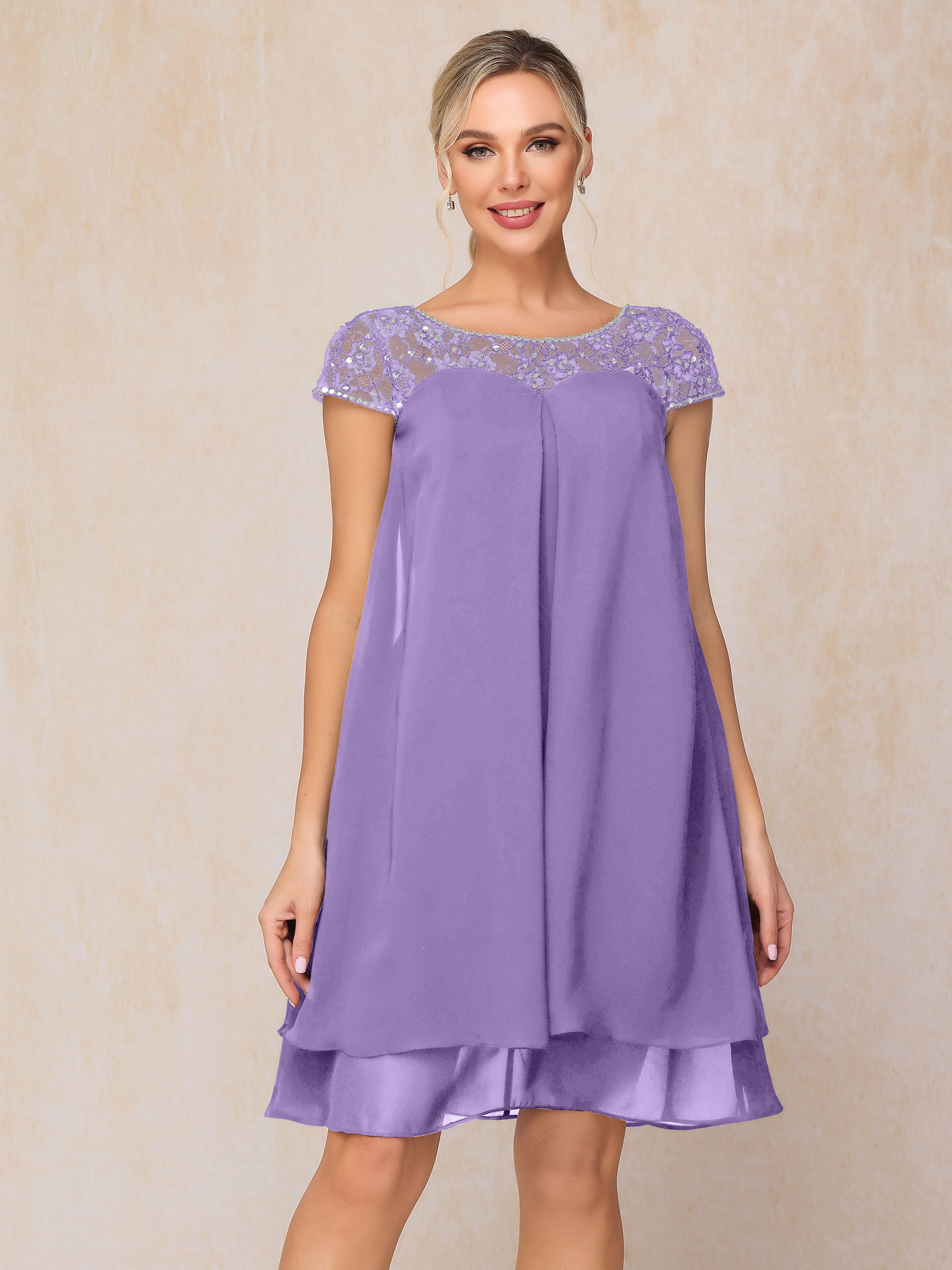Cap Sleeves Beading Knee Length Chiffon Lace Mother Of The Bride Dress