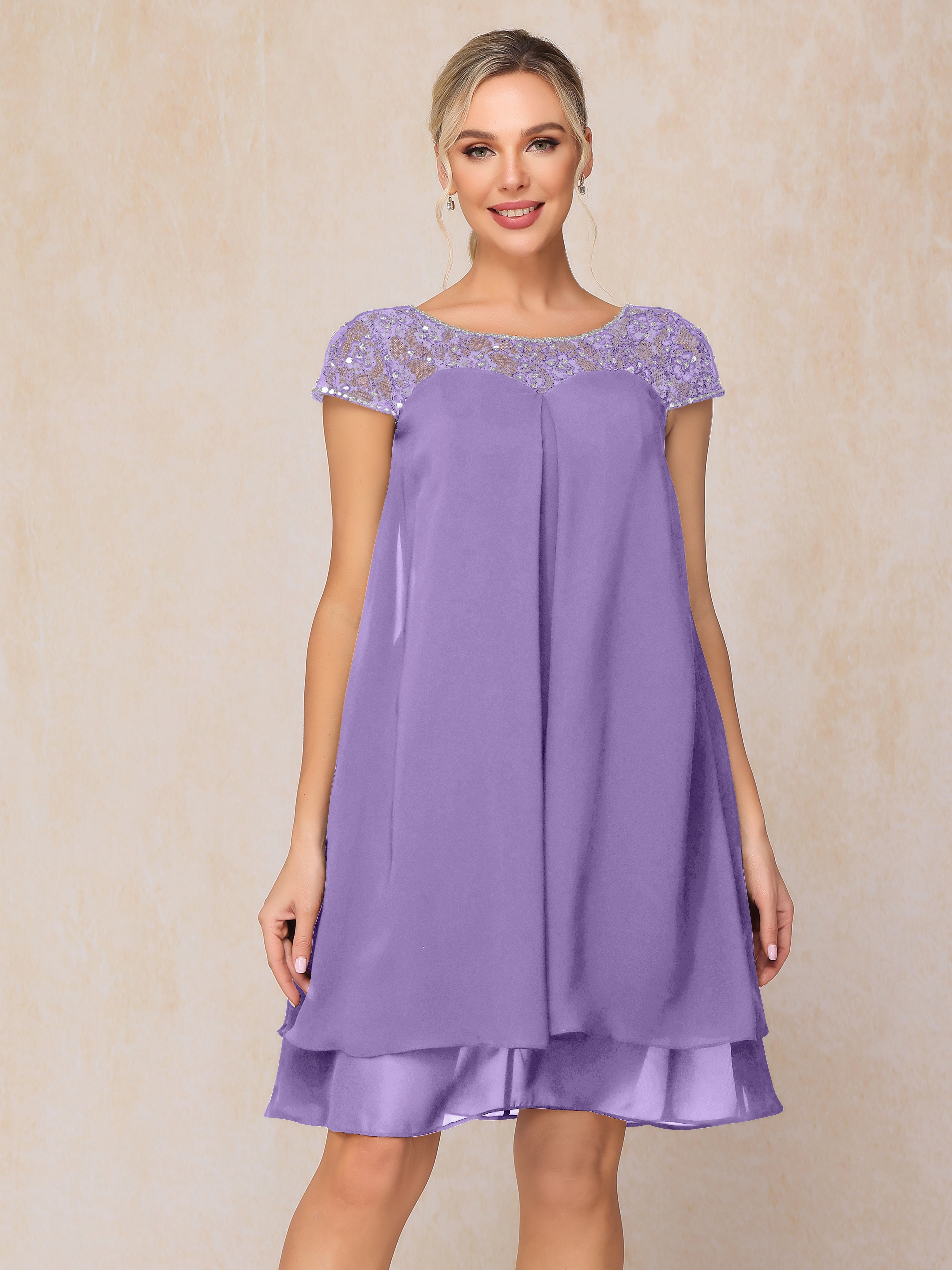Cap Sleeves Beading Knee Length Chiffon Lace Mother Of The Groom Dress