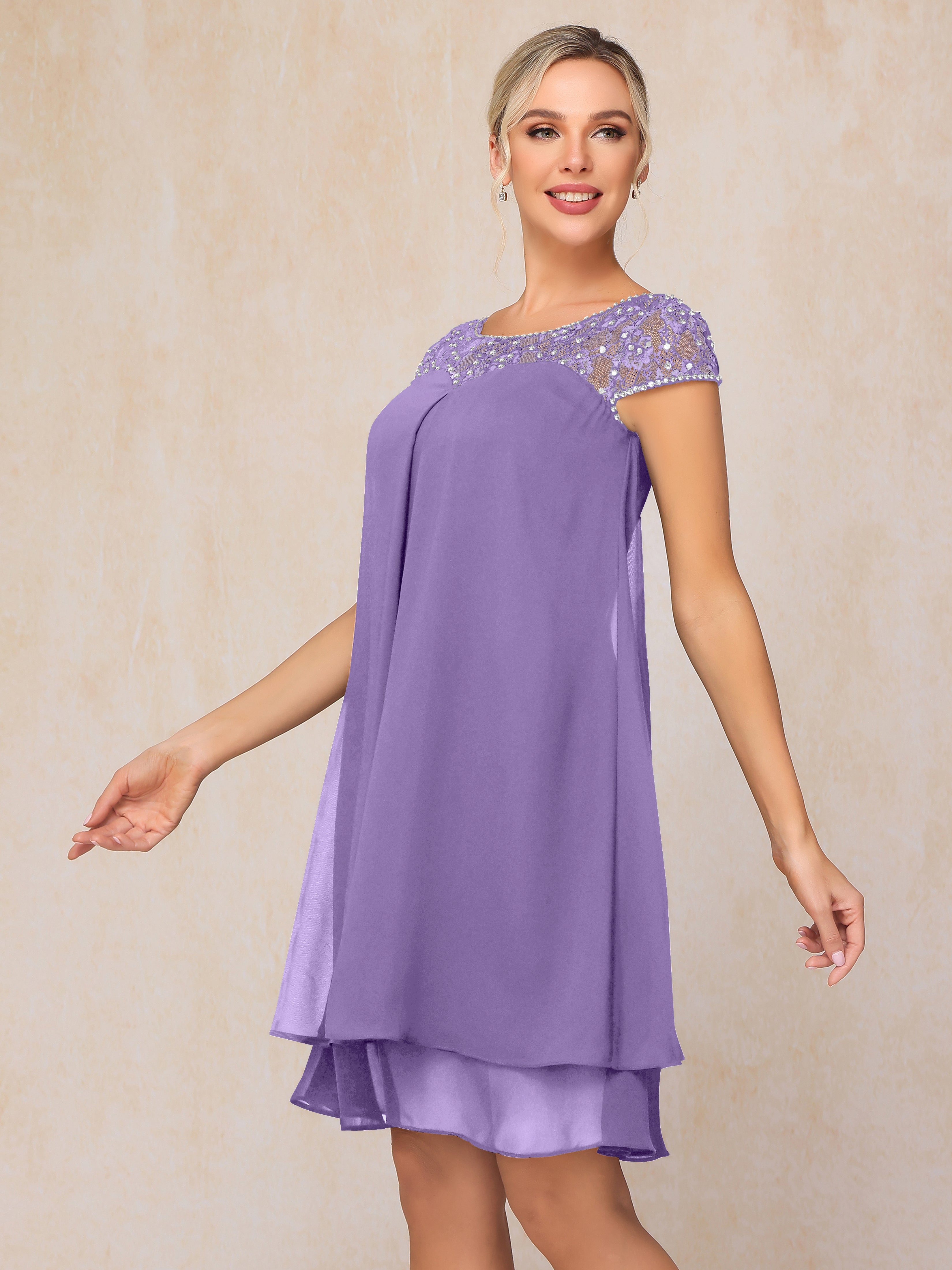Cap Sleeves Beading Knee Length Chiffon Lace Mother Of The Groom Dress