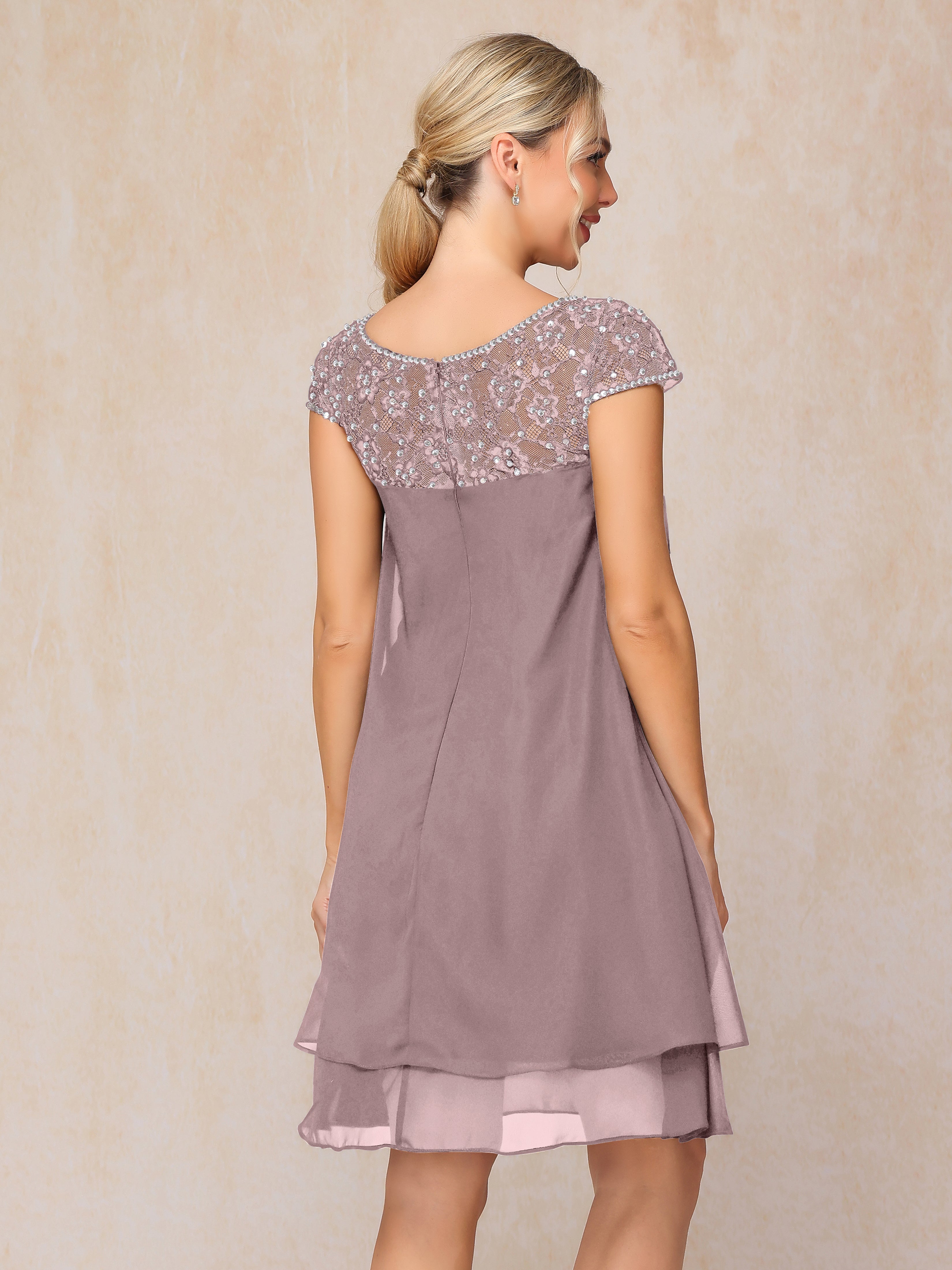 Cap Sleeves Beading Knee Length Chiffon Lace Mother Of The Groom Dress