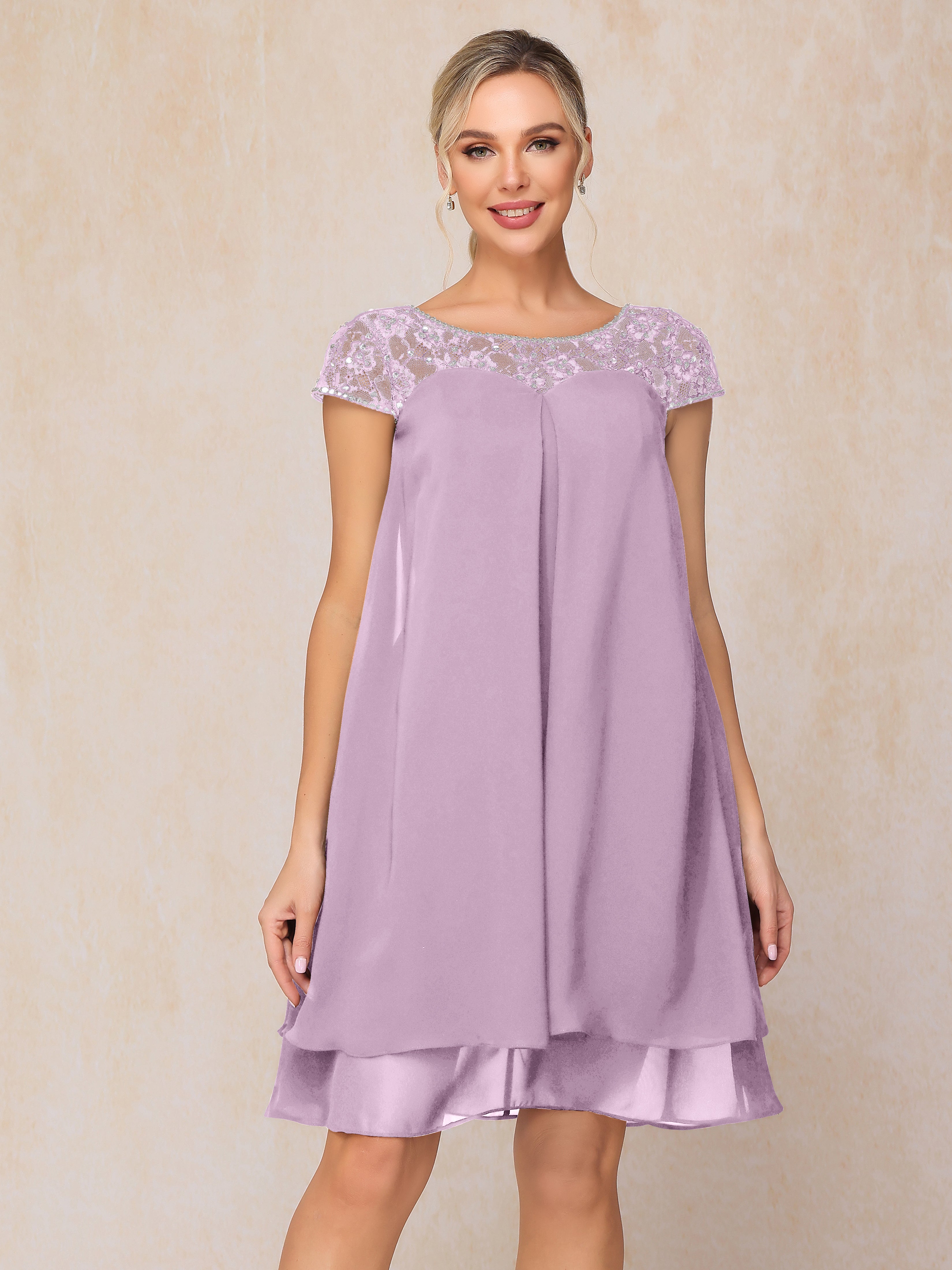 Cap Sleeves Beading Knee Length Chiffon Lace Mother Of The Bride Dress