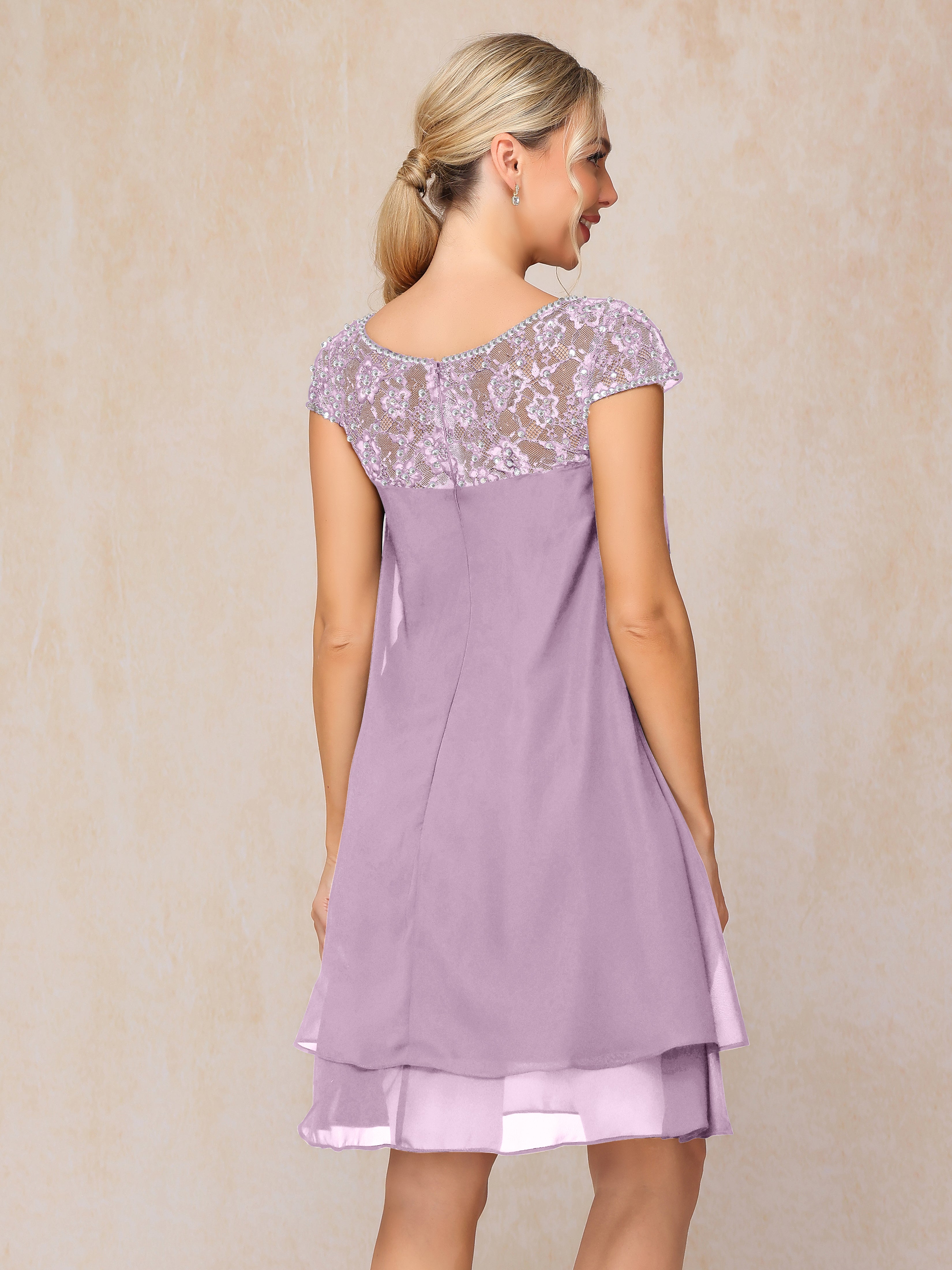 Cap Sleeves Beading Knee Length Chiffon Lace Mother Of The Groom Dress