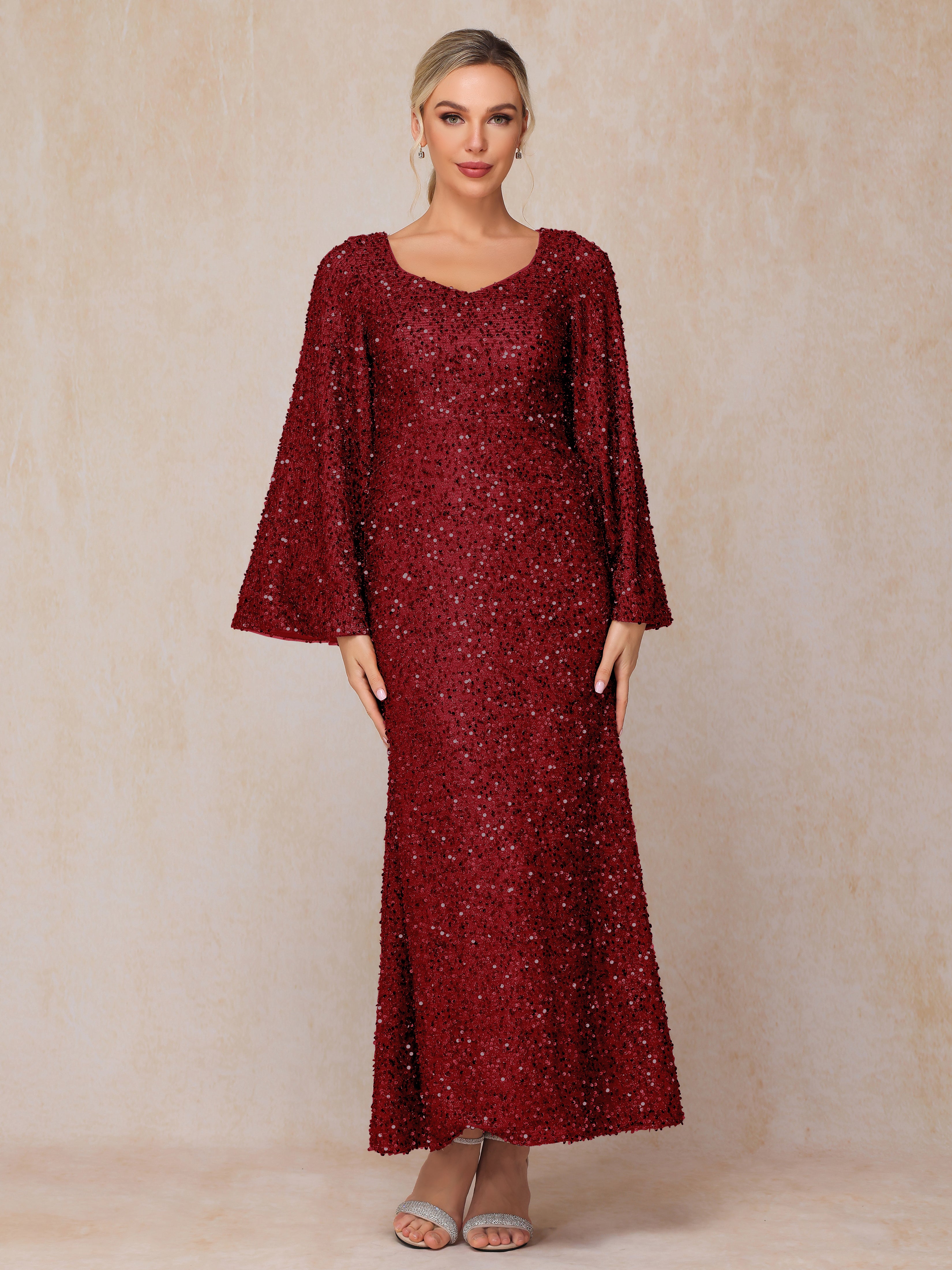 Long Sleeves Sequins Ankle Length Mother Of The Bride Dress, Burgundy Long Sleeves Sequins Ankle Length Mother Of The Bride Dress, Burgundy