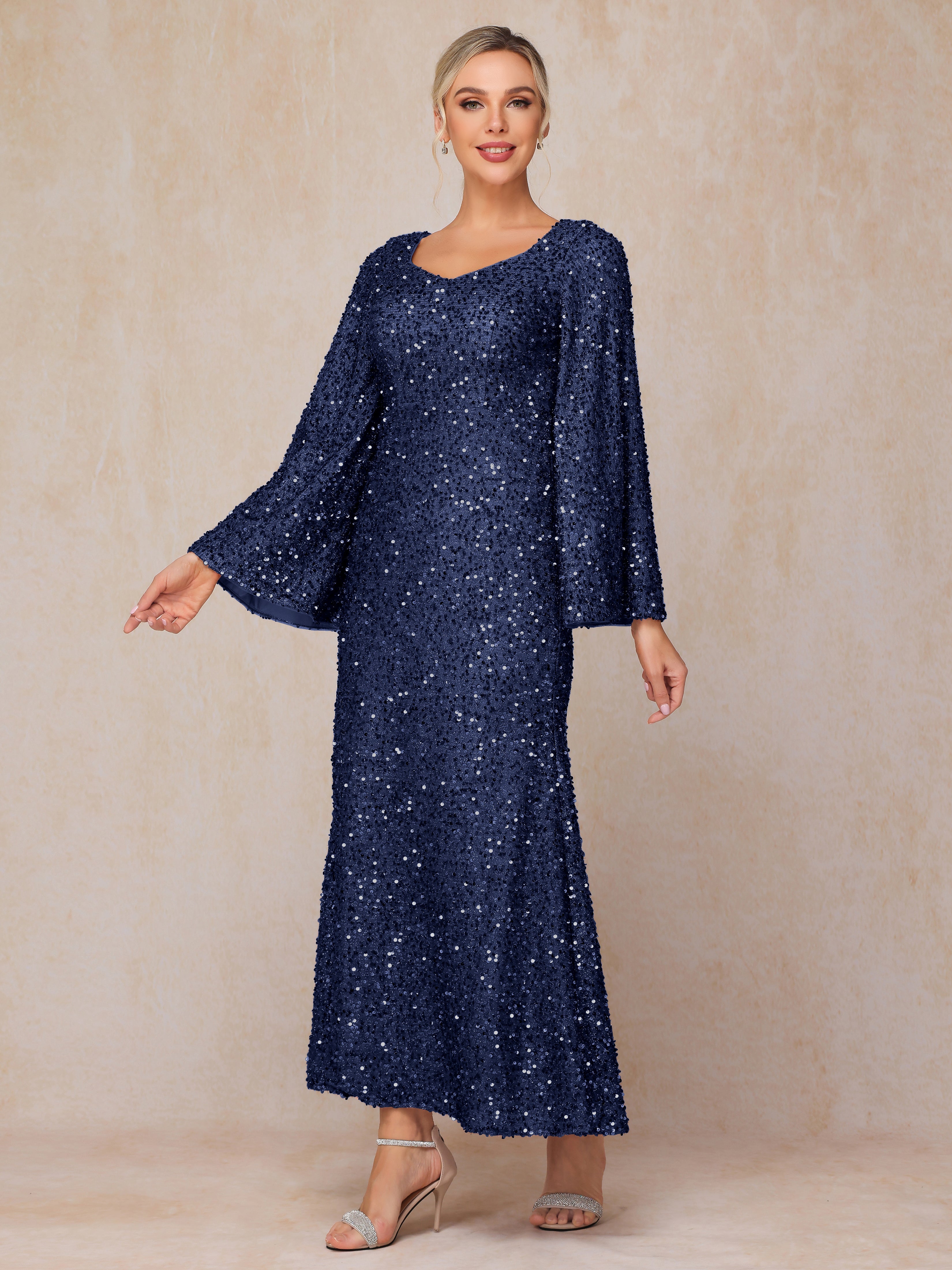 Long Sleeves Sequins Ankle Length Mother Of The Groom Dress