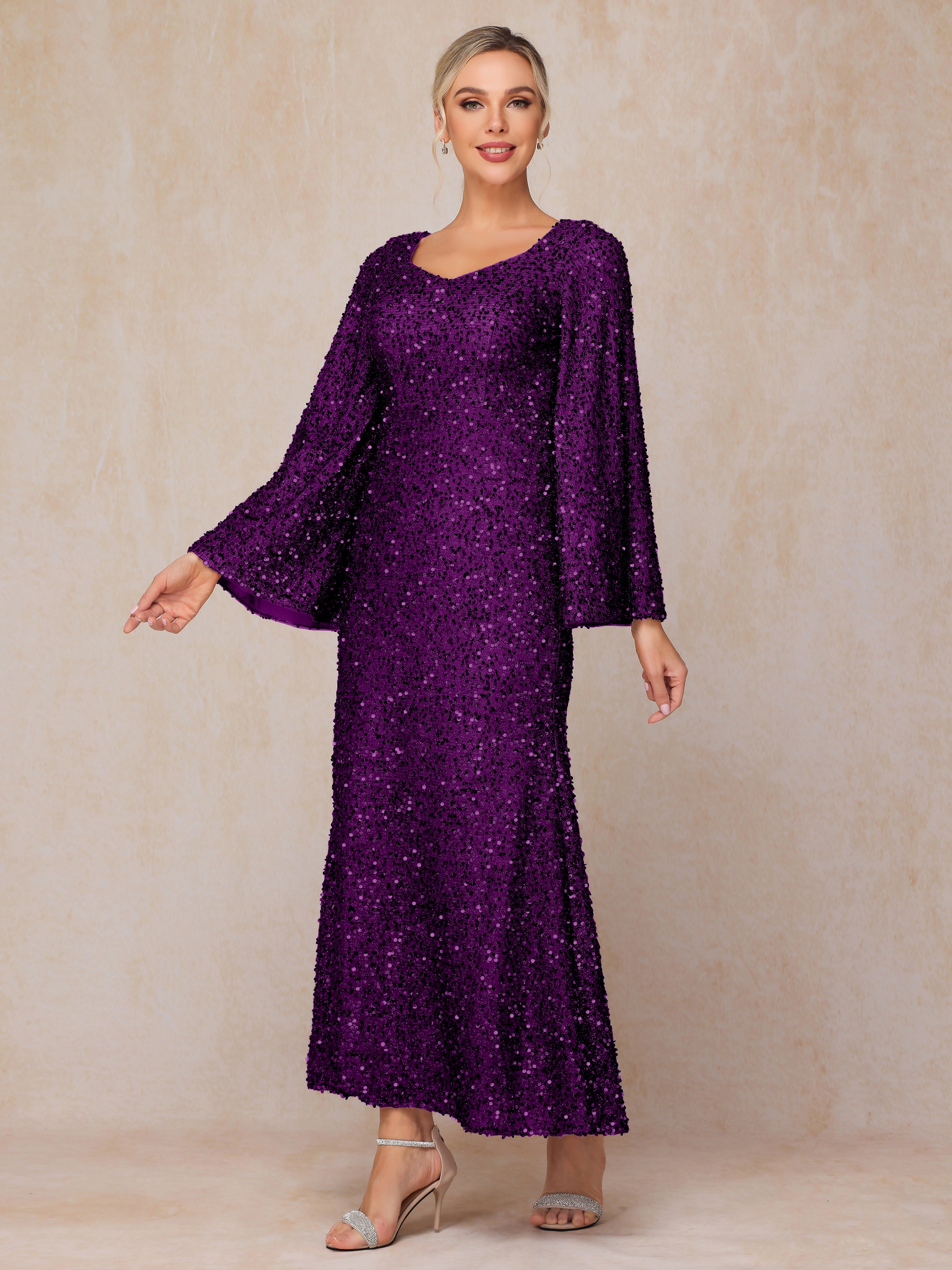 Long Sleeves Sequins Ankle Length Mother Of The Groom Dress
