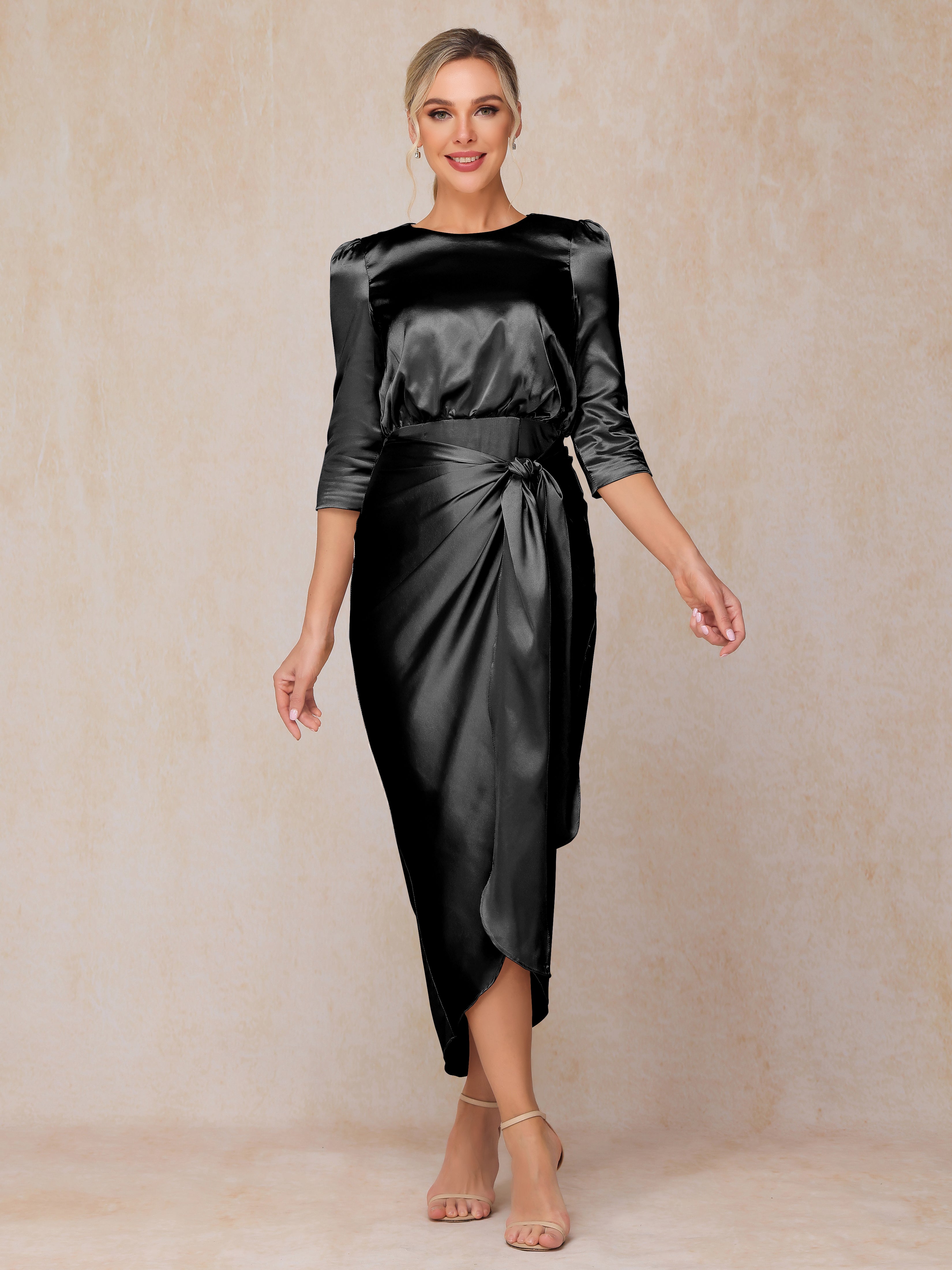 Half Sleeves Ankle Length Soft Satin Wedding Guest Dress