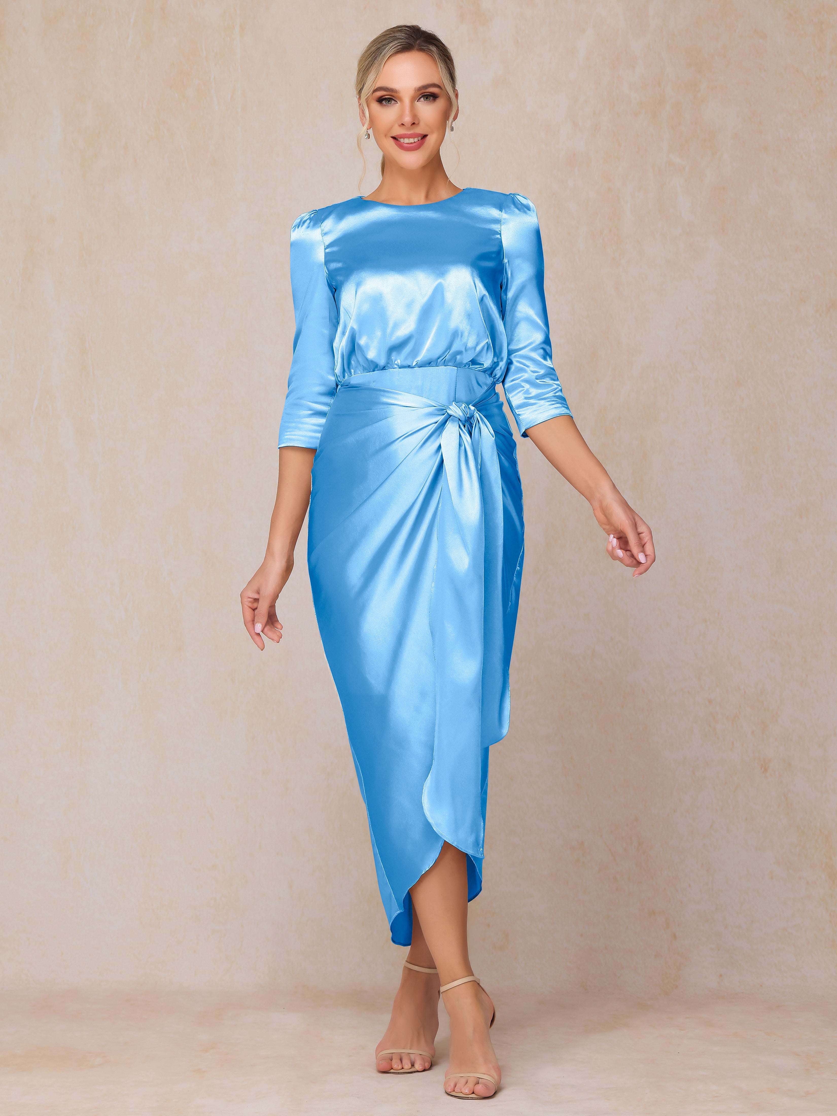 Half Sleeves Ankle Length Soft Satin Wedding Guest Dress