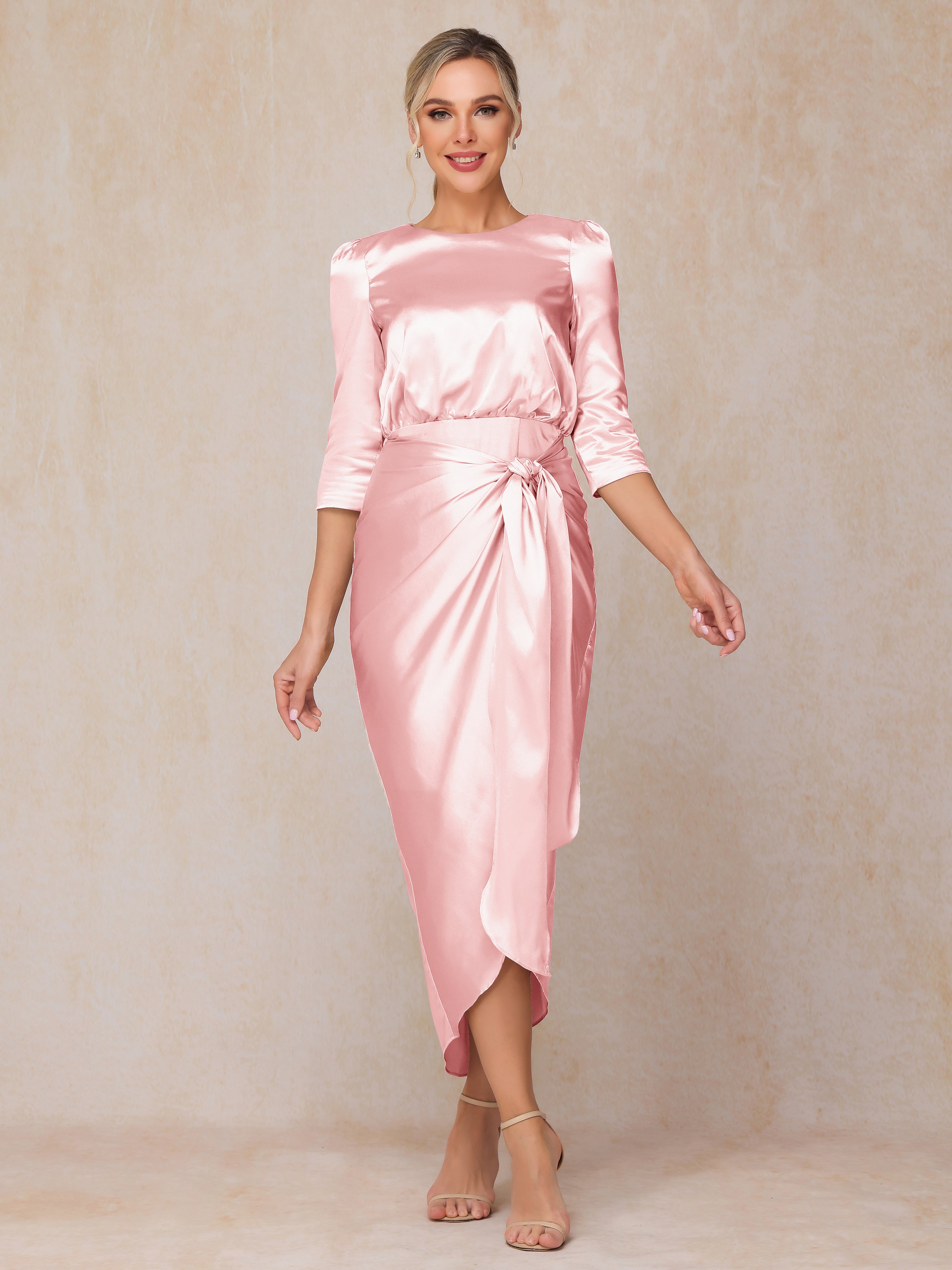Half Sleeves Ankle Length Soft Satin Wedding Guest Dress