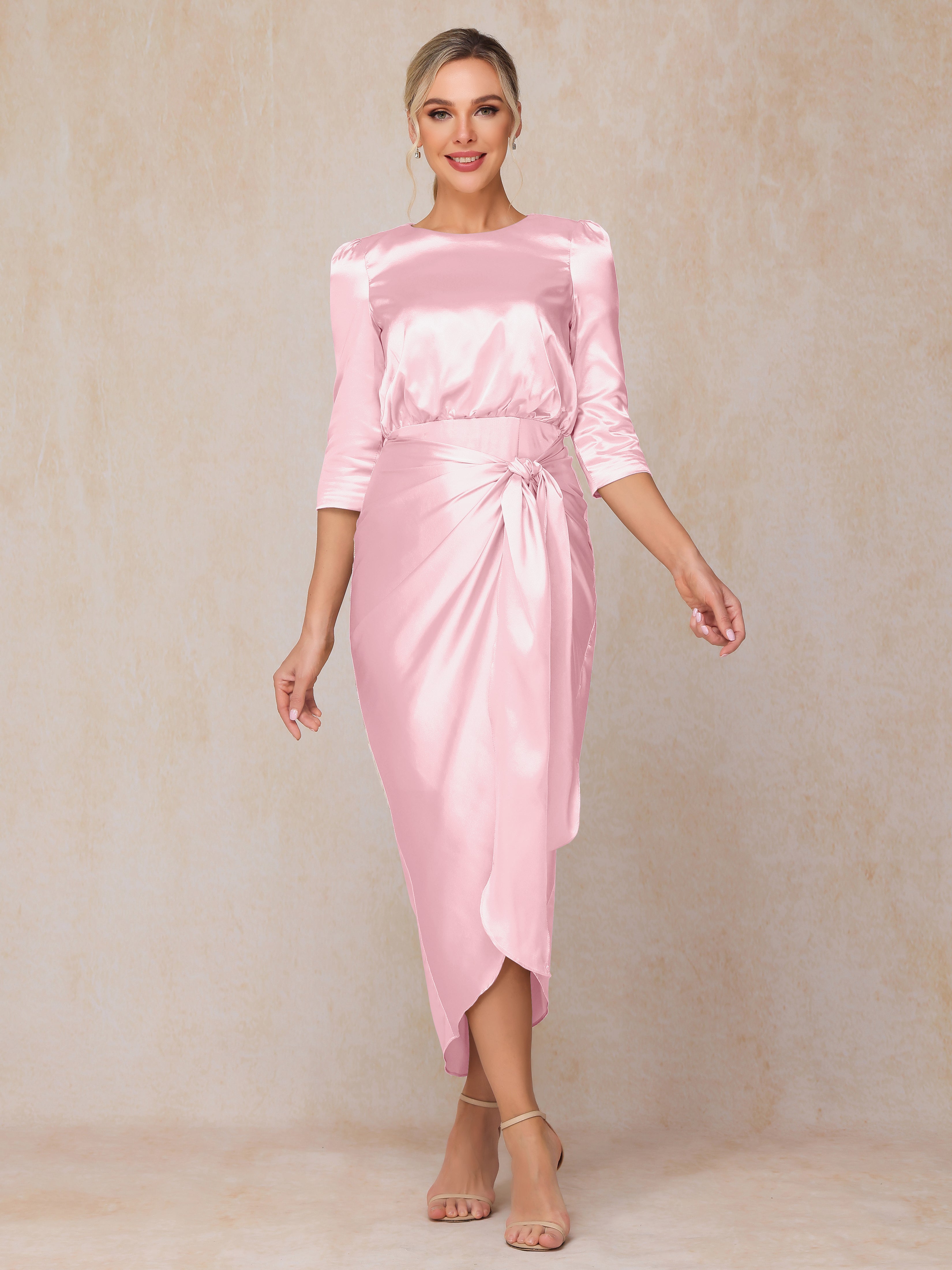 Half Sleeves Ankle Length Soft Satin Wedding Guest Dress