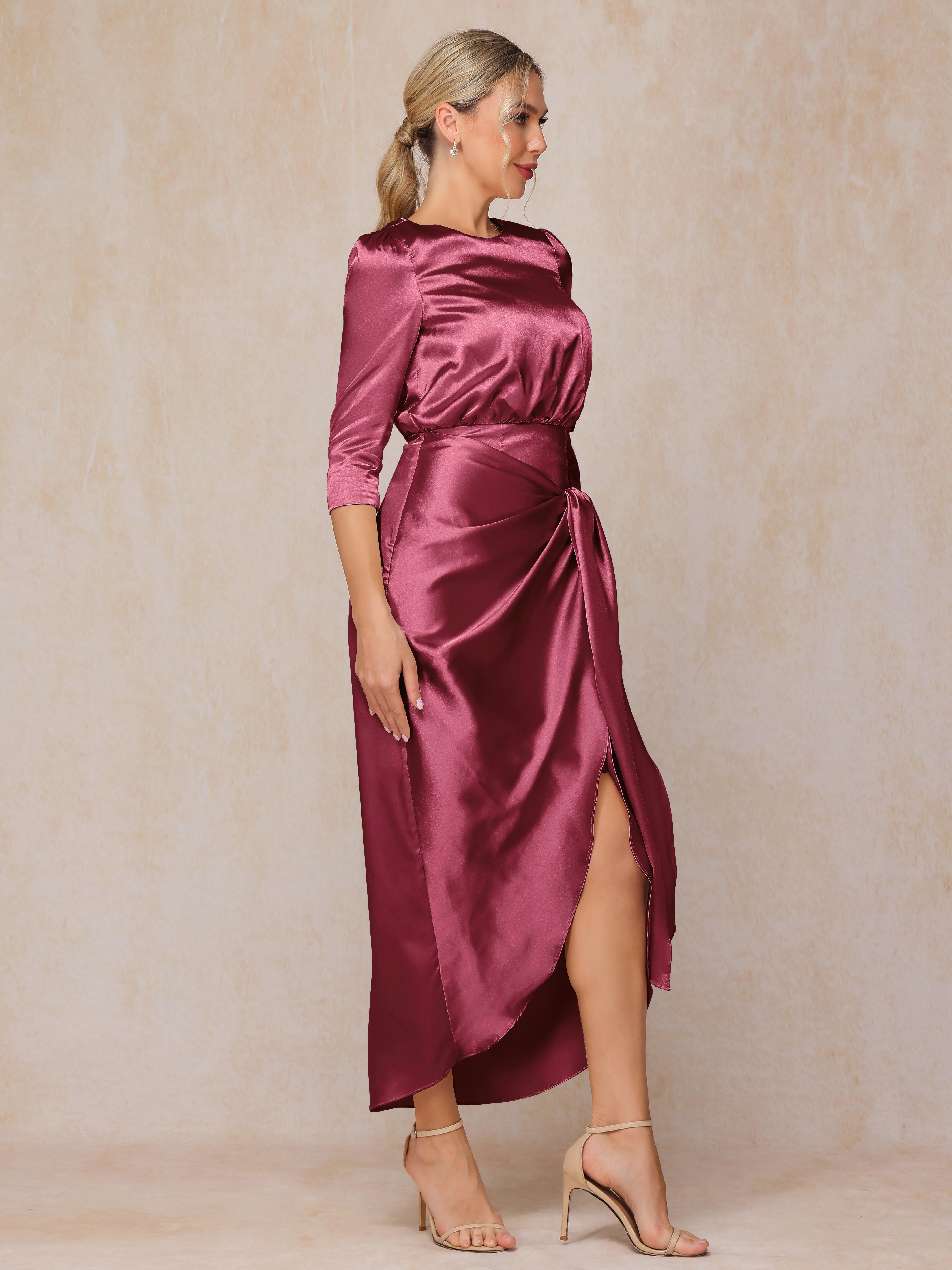 Half Sleeves Ankle Length Soft Satin Wedding Guest Dress