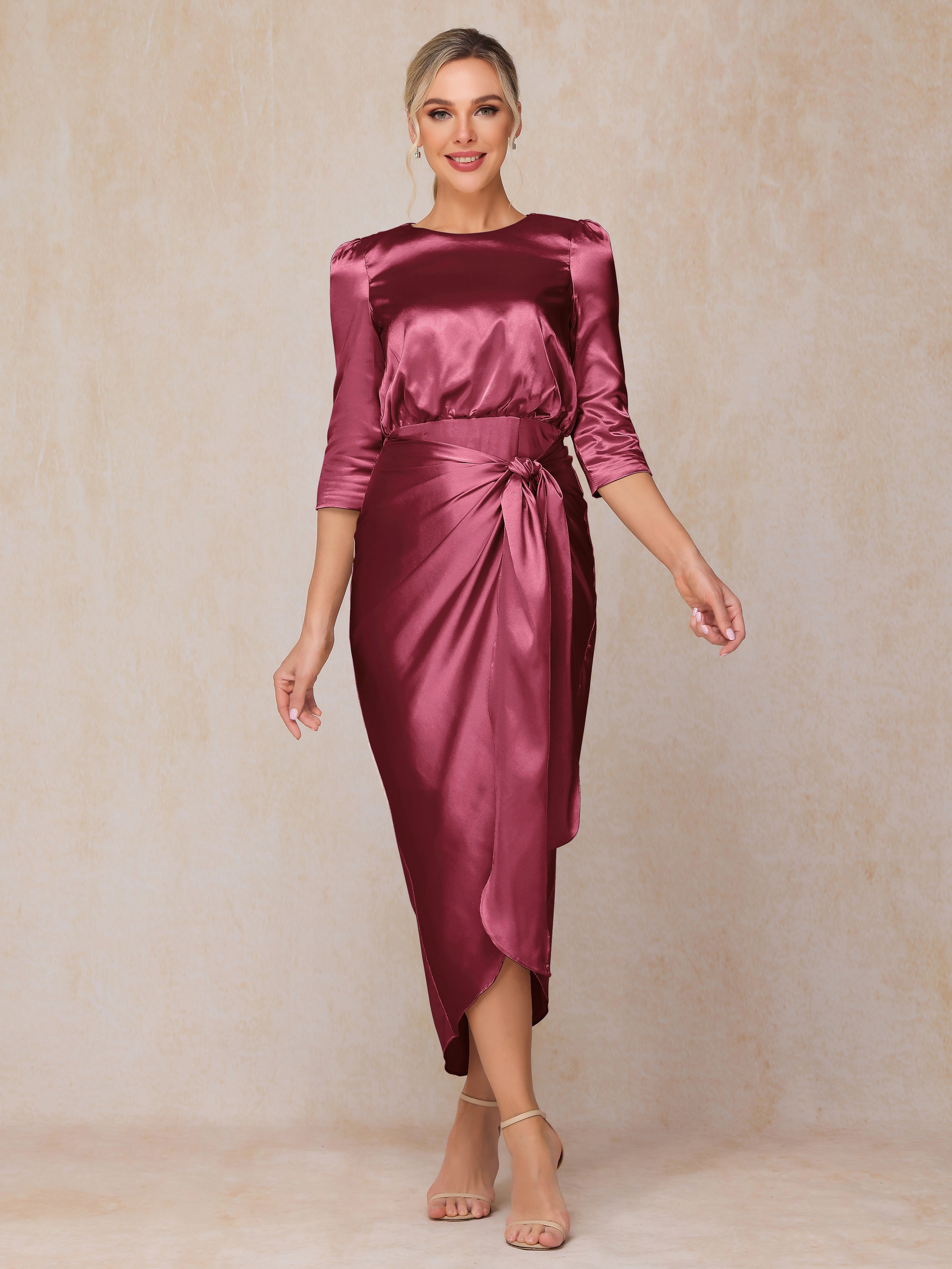 Half Sleeves Ankle Length Soft Satin Wedding Guest Dress