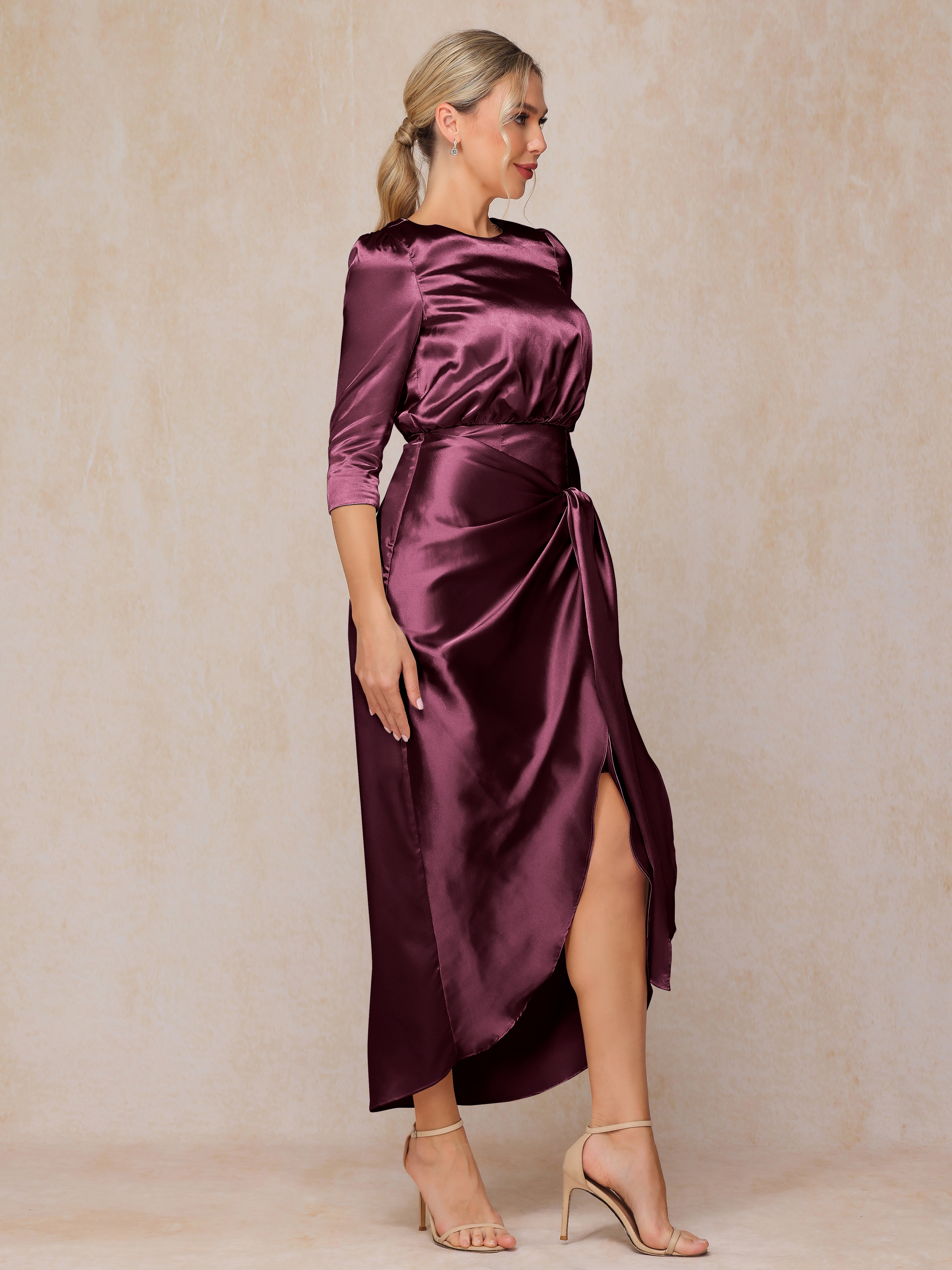 Half Sleeves Ankle Length Soft Satin Wedding Guest Dress
