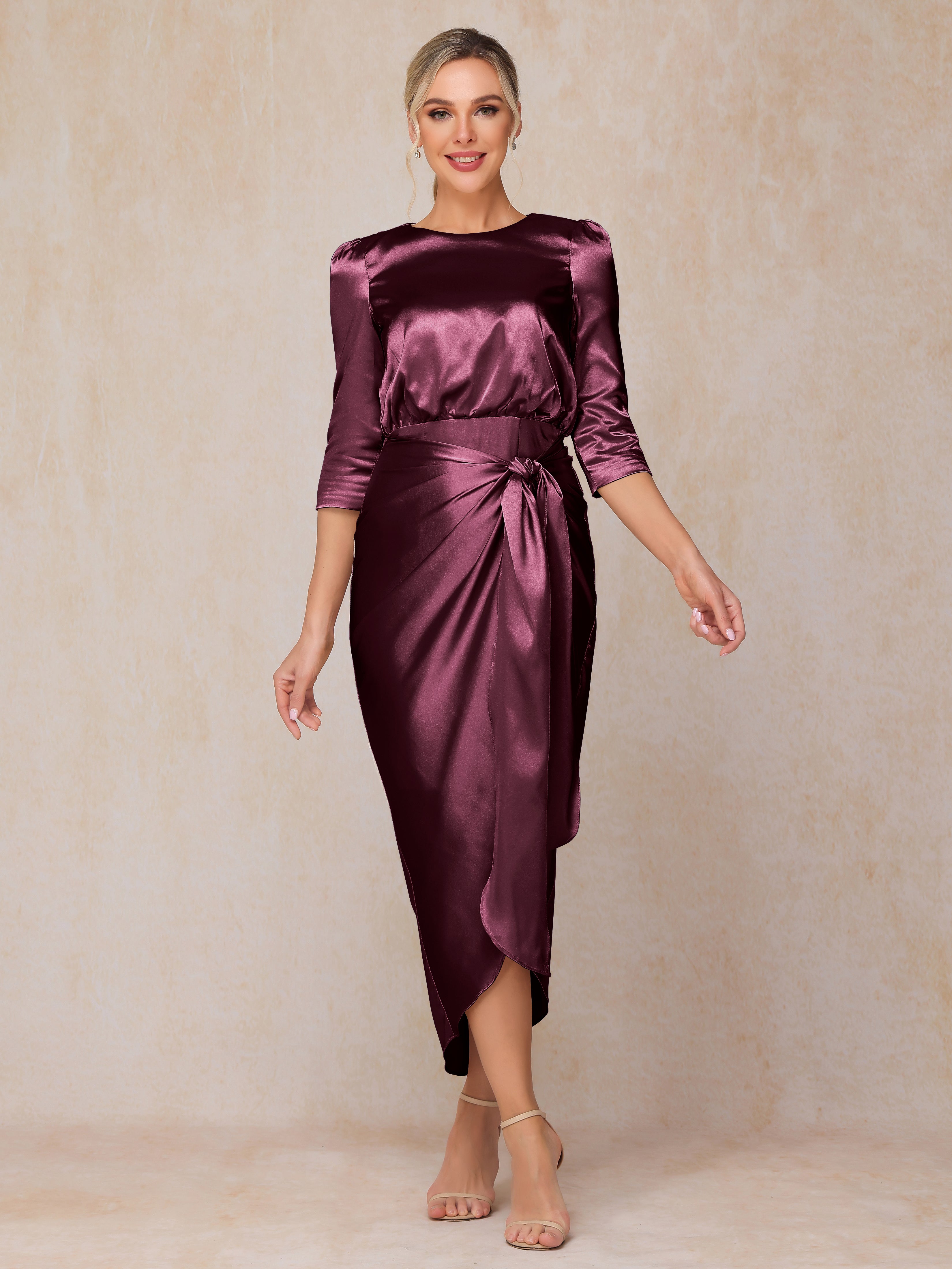 Half Sleeves Ankle Length Soft Satin Wedding Guest Dress