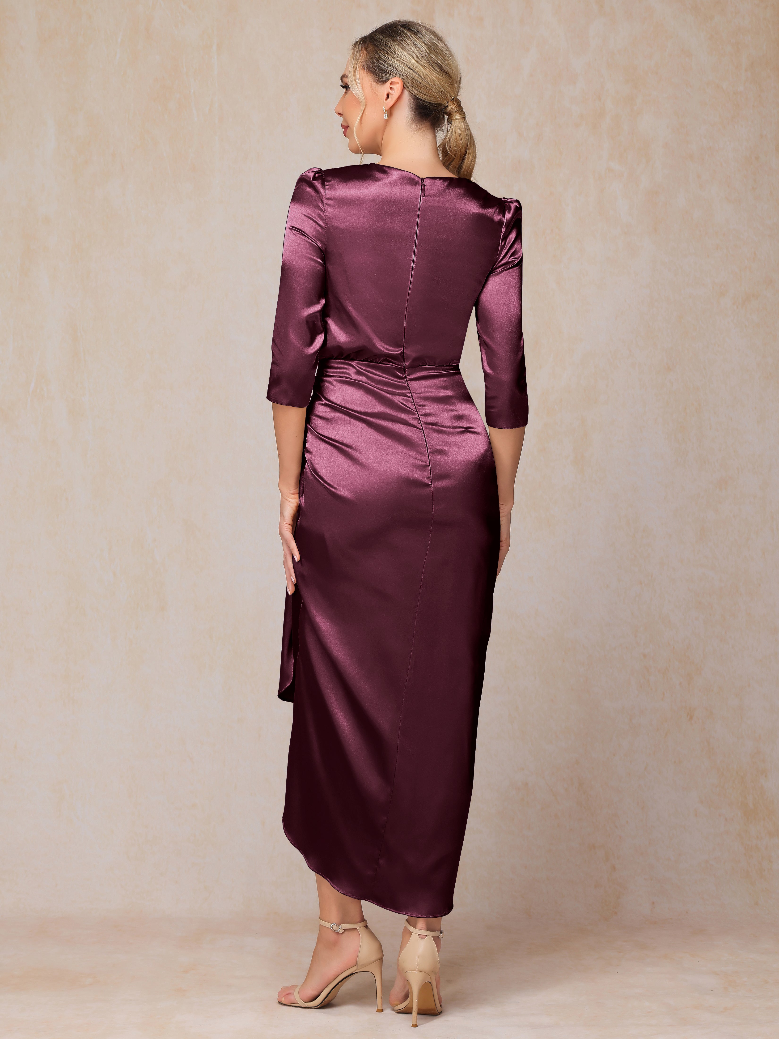 Half Sleeves Ankle Length Soft Satin Wedding Guest Dress