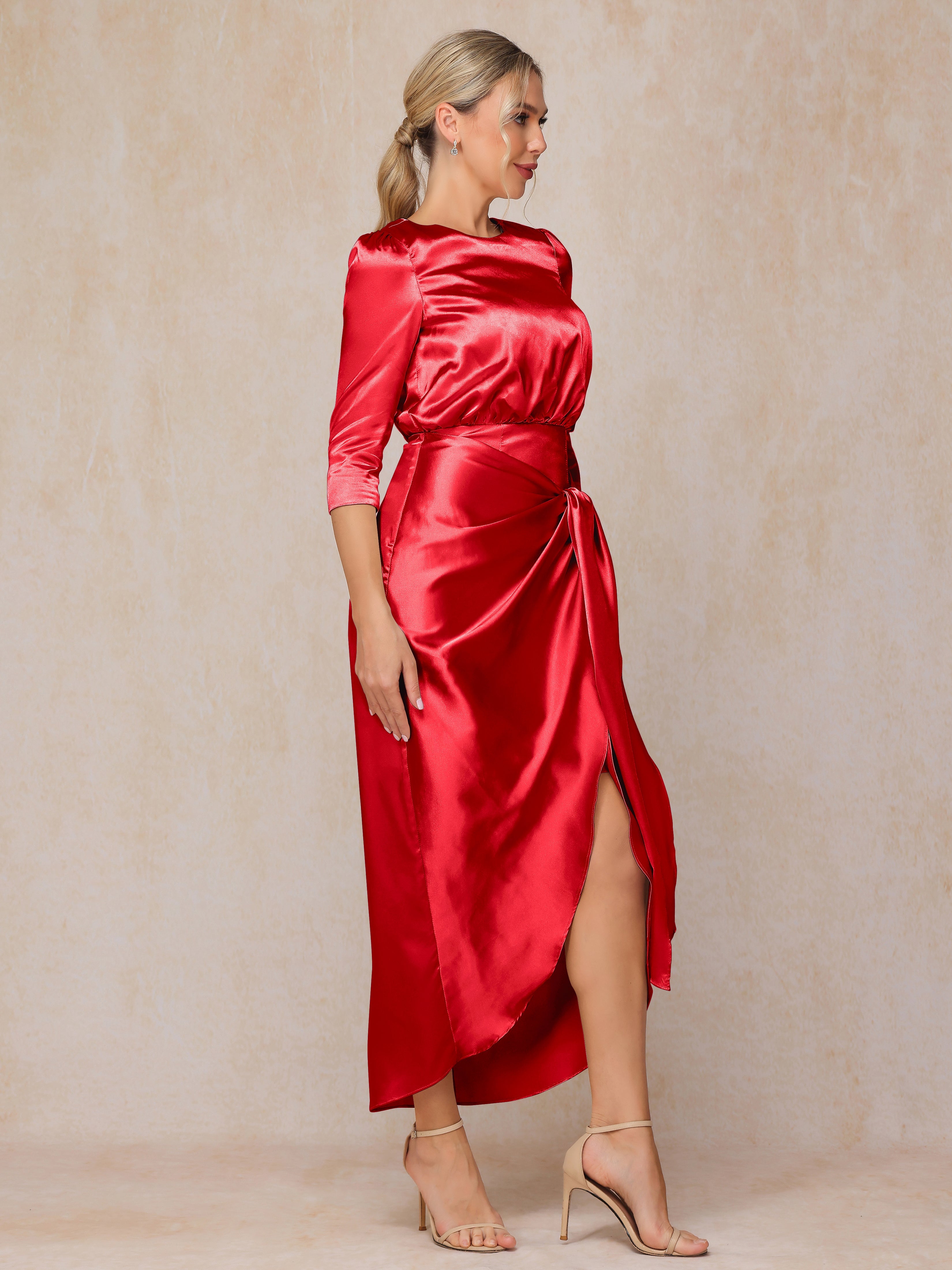 Half Sleeves Ankle Length Soft Satin Wedding Guest Dress