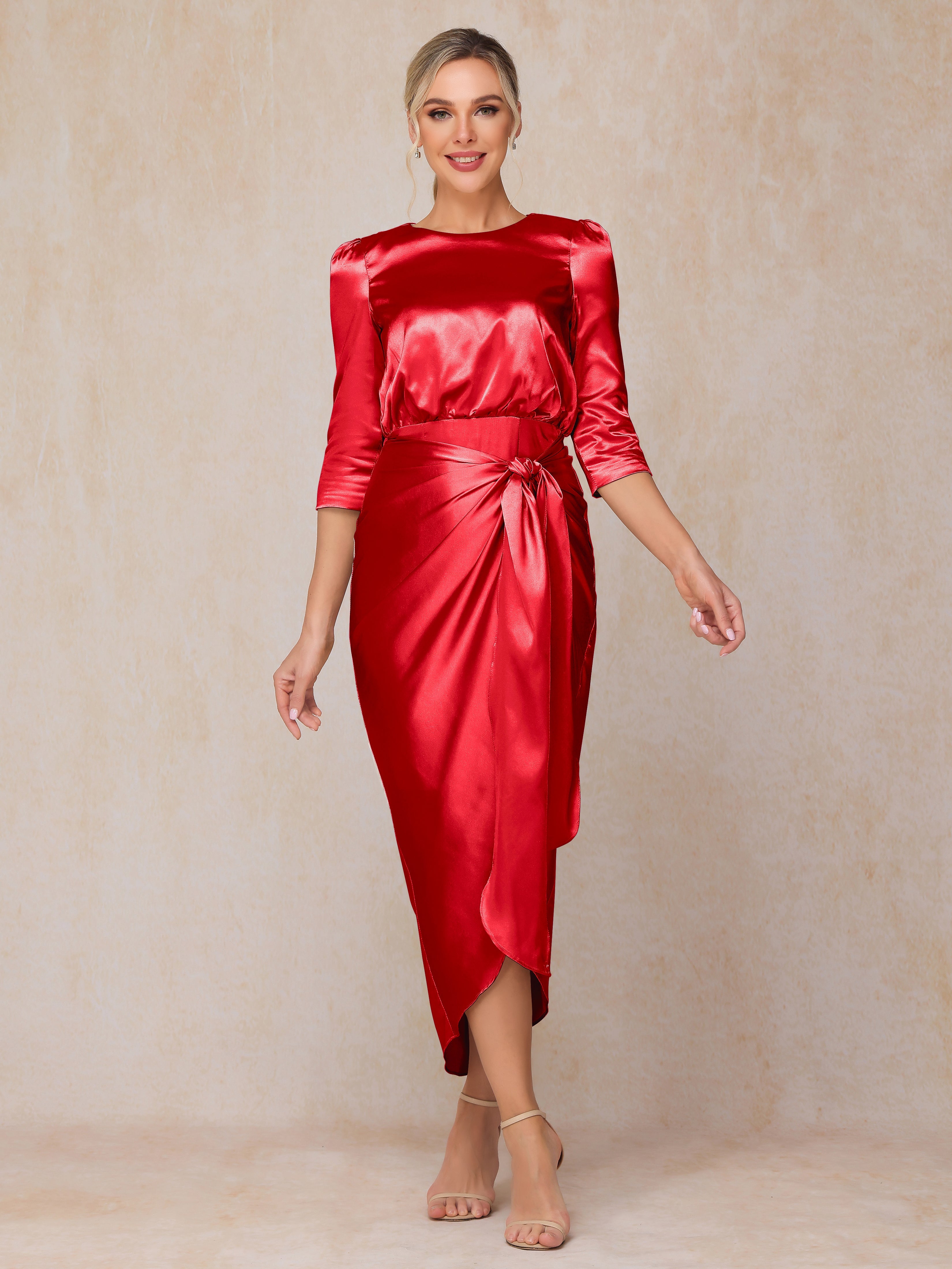 Half Sleeves Ankle Length Soft Satin Wedding Guest Dress