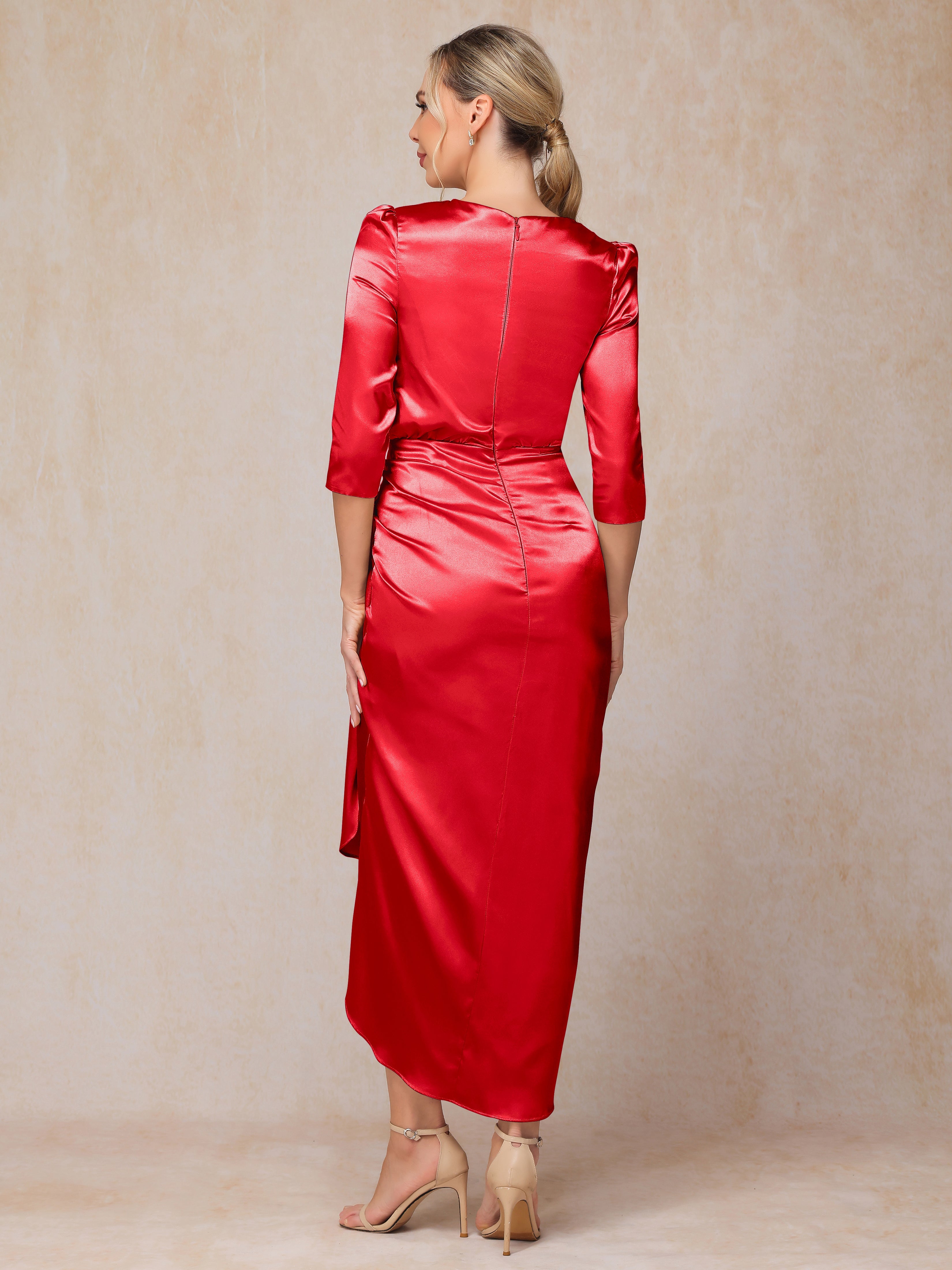 Half Sleeves Ankle Length Soft Satin Wedding Guest Dress