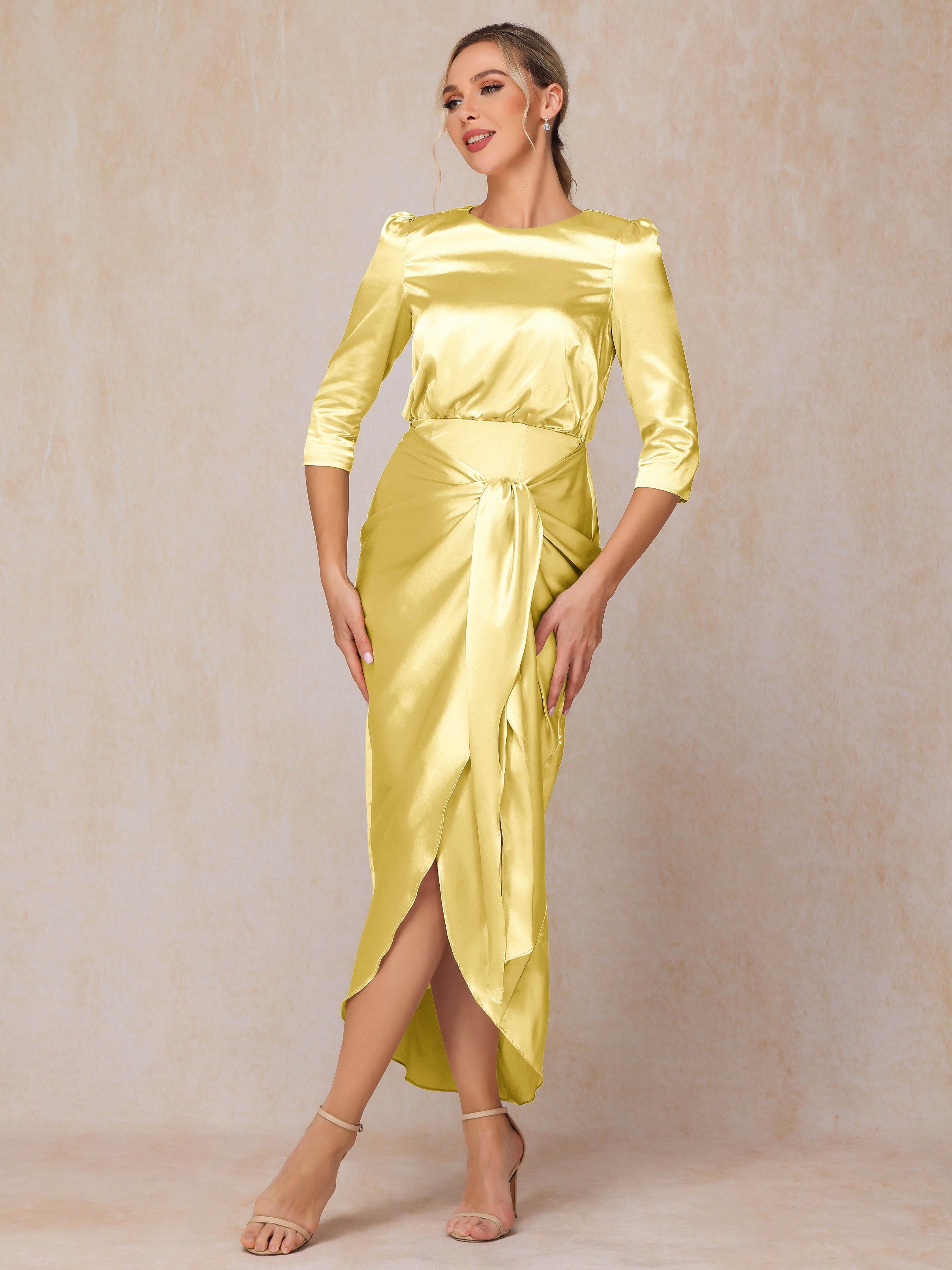 Half Sleeves Ankle Length Soft Satin Wedding Guest Dress, Daffodil Half Sleeves Ankle Length Soft Satin Wedding Guest Dress, Daffodil