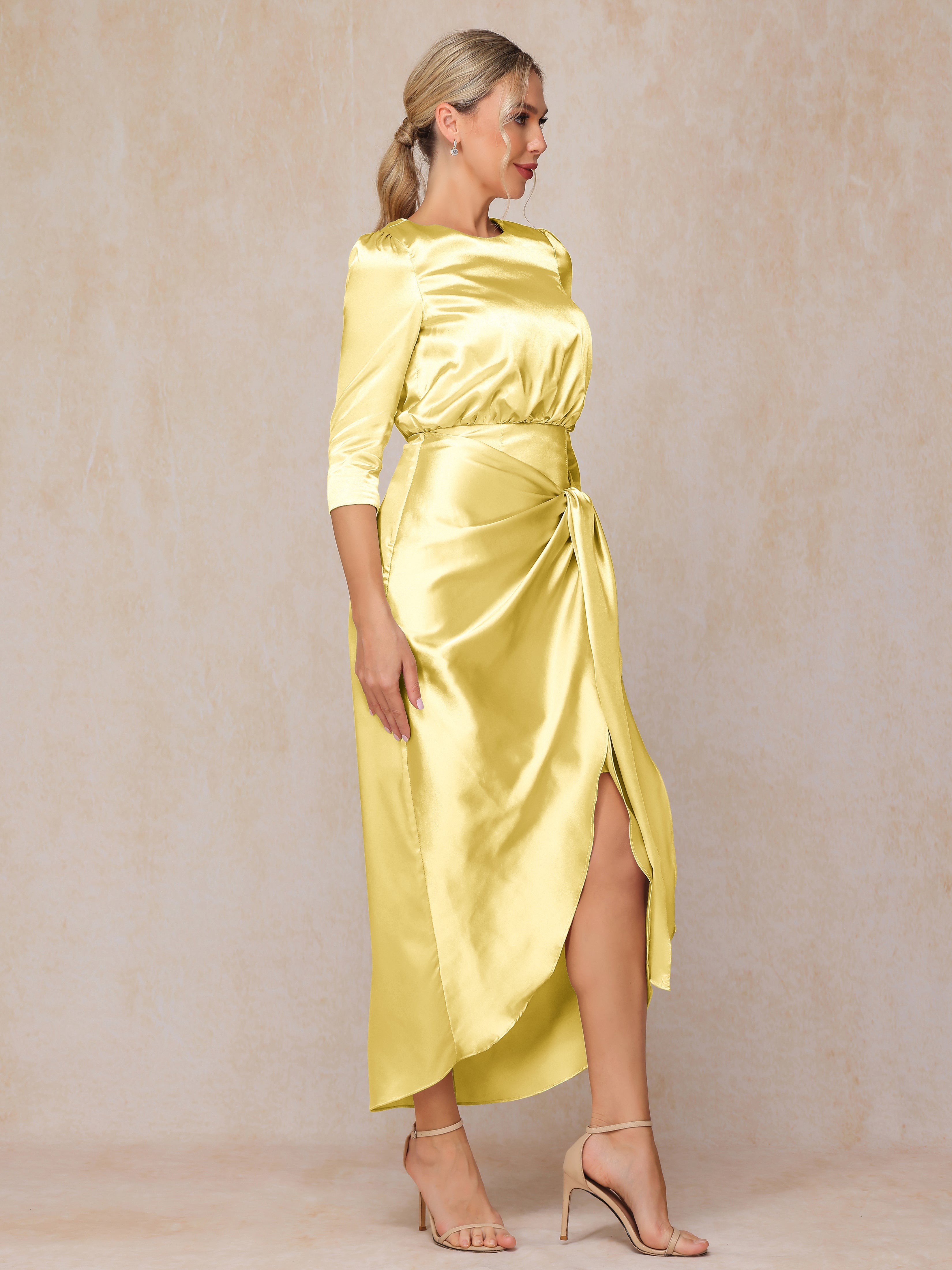 Half Sleeves Ankle Length Soft Satin Wedding Guest Dress