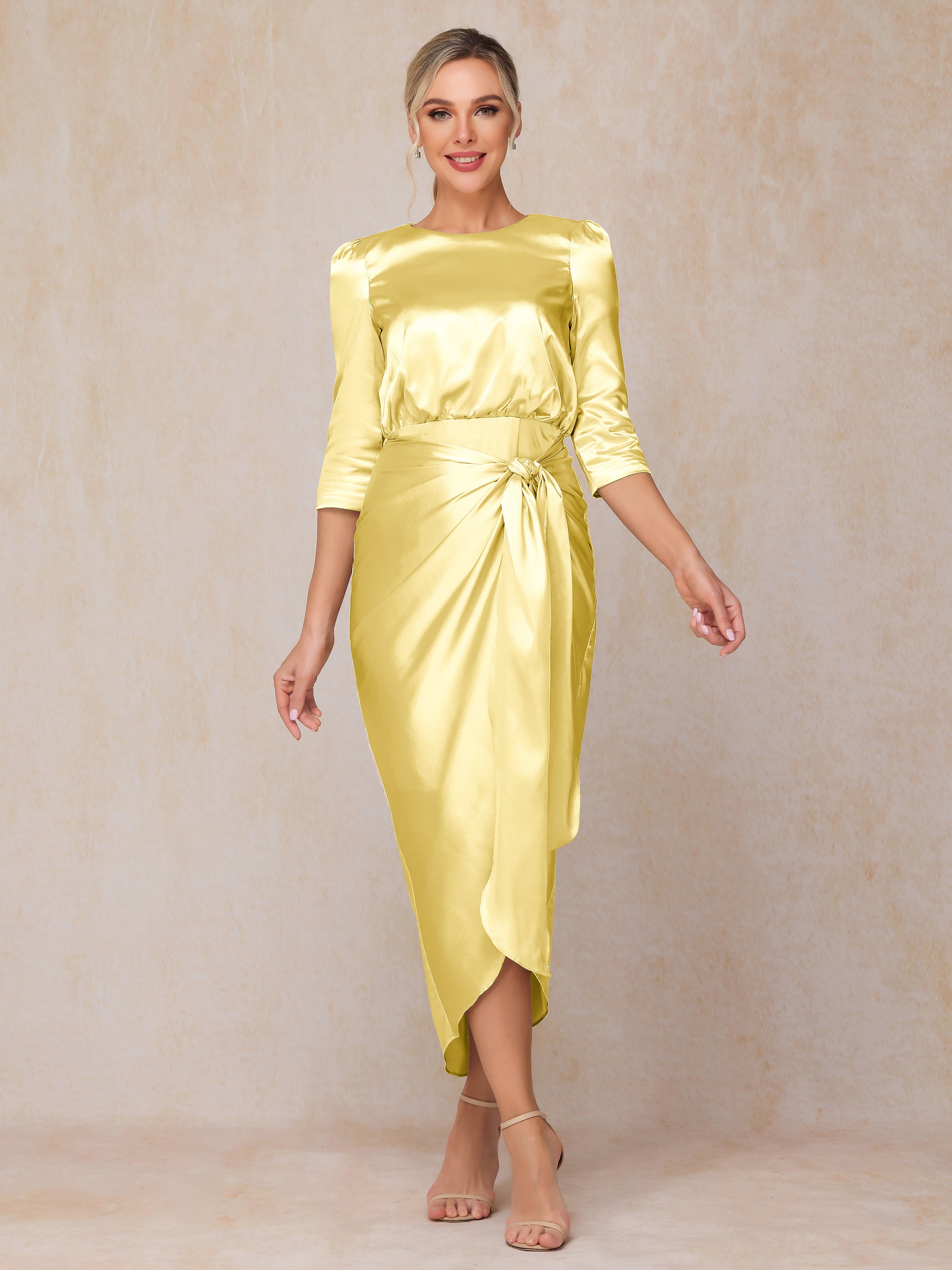 Half Sleeves Ankle Length Soft Satin Wedding Guest Dress