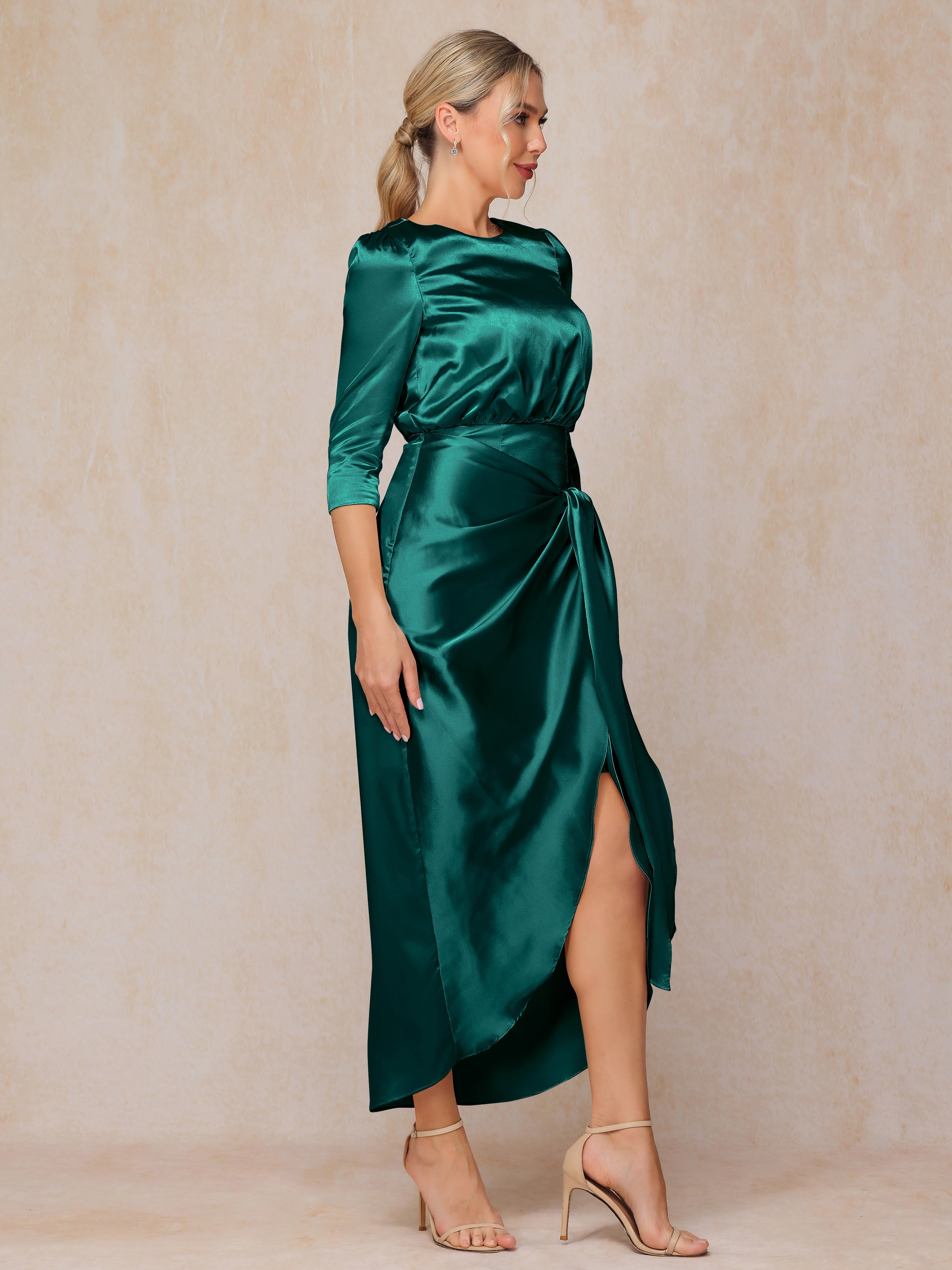 Half Sleeves Ankle Length Soft Satin Wedding Guest Dress