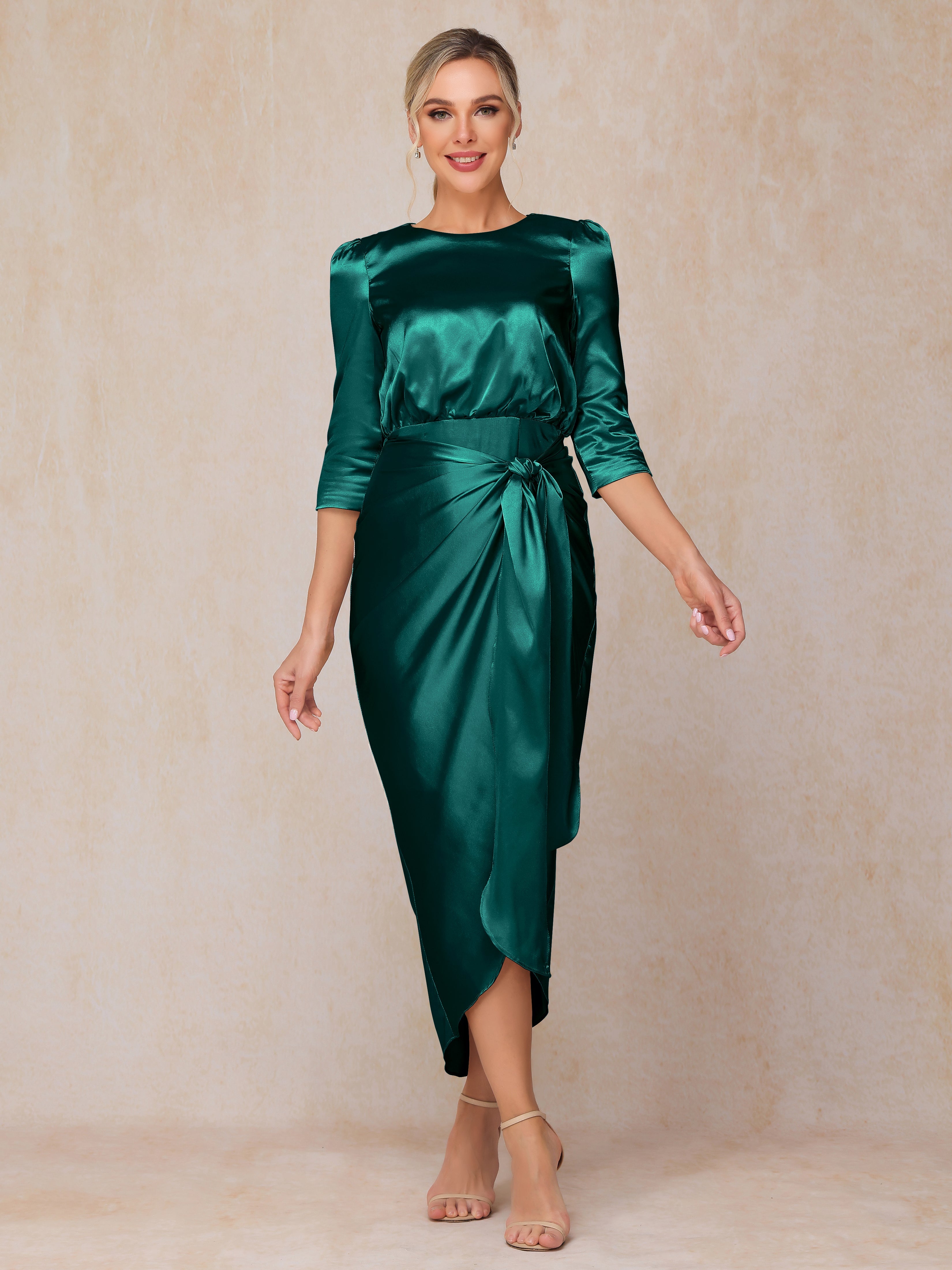 Half Sleeves Ankle Length Soft Satin Wedding Guest Dress