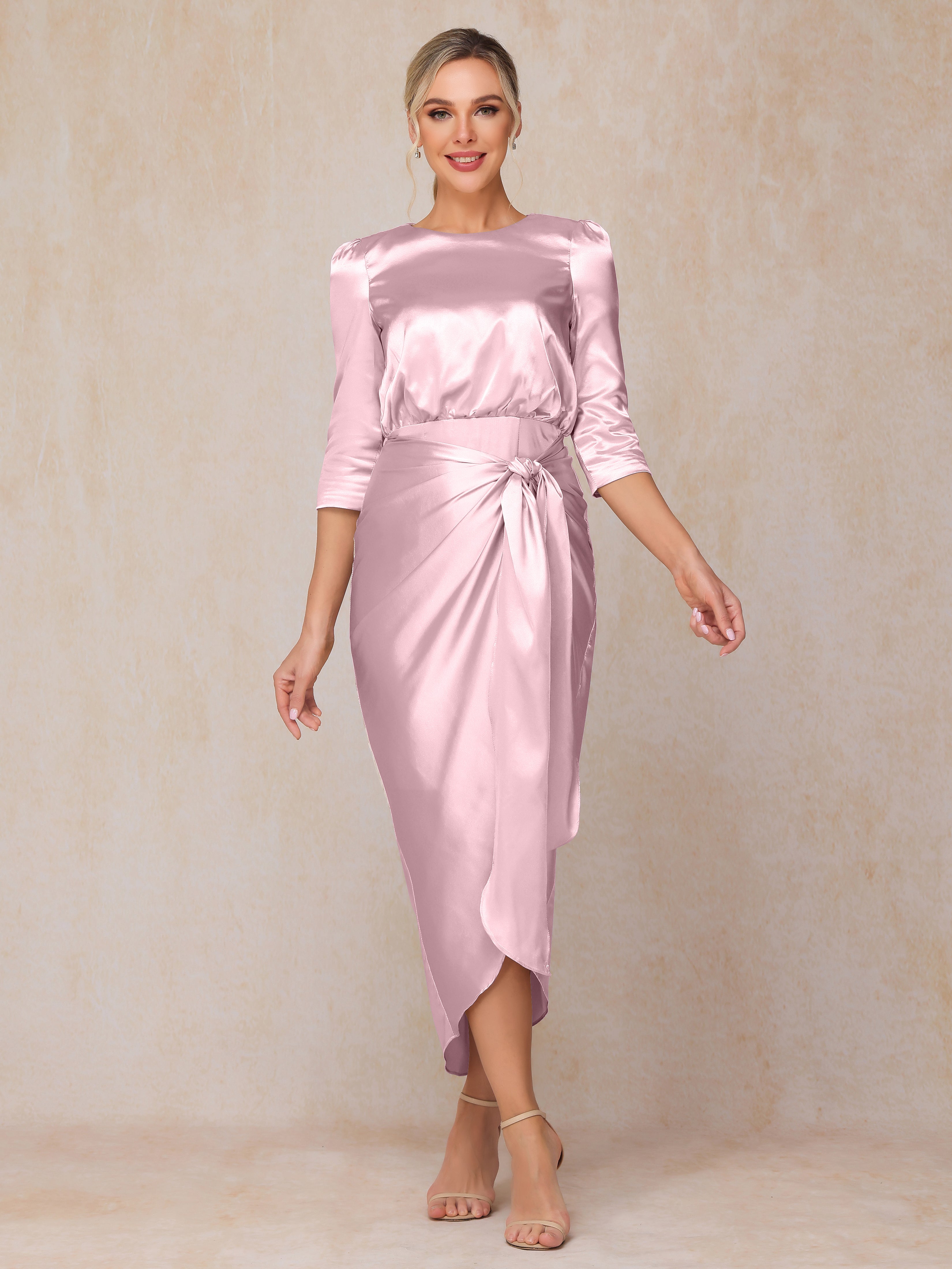 Half Sleeves Ankle Length Soft Satin Wedding Guest Dress